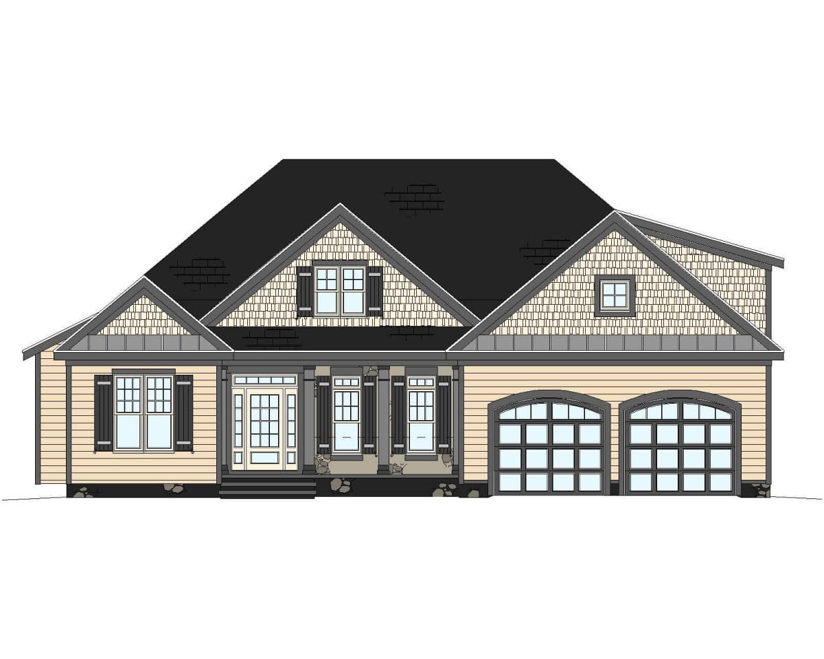 Floor plan of 12-2289 with a gabled roof, three windows, and a two-car garage. The house features a mix of brick and siding facades.