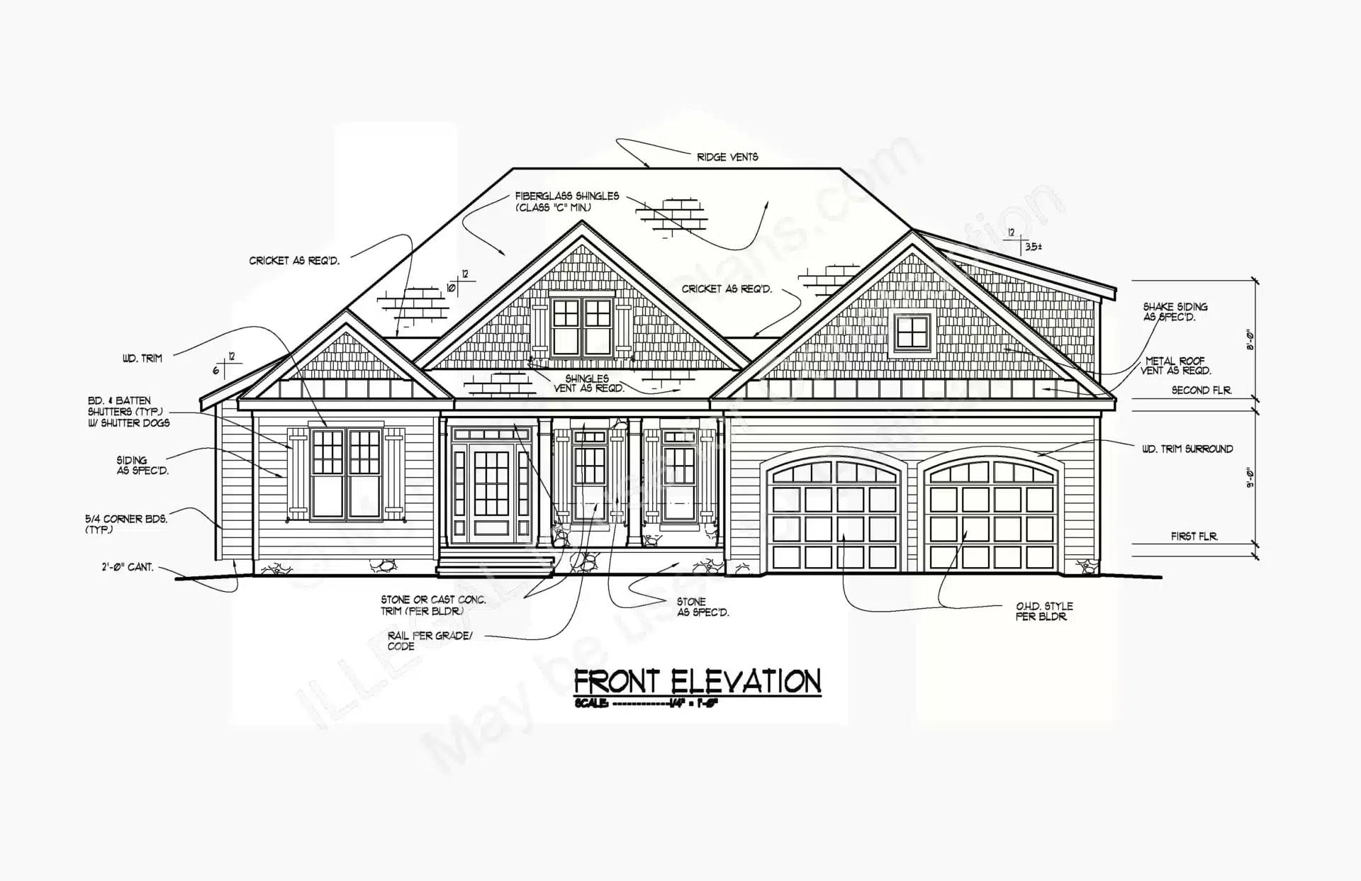 Architectural drawing of a single-story home's front elevation, featuring labeled dimensions, a double garage, gabled roofs, and a porch with columns. The design includes brick and siding textures.