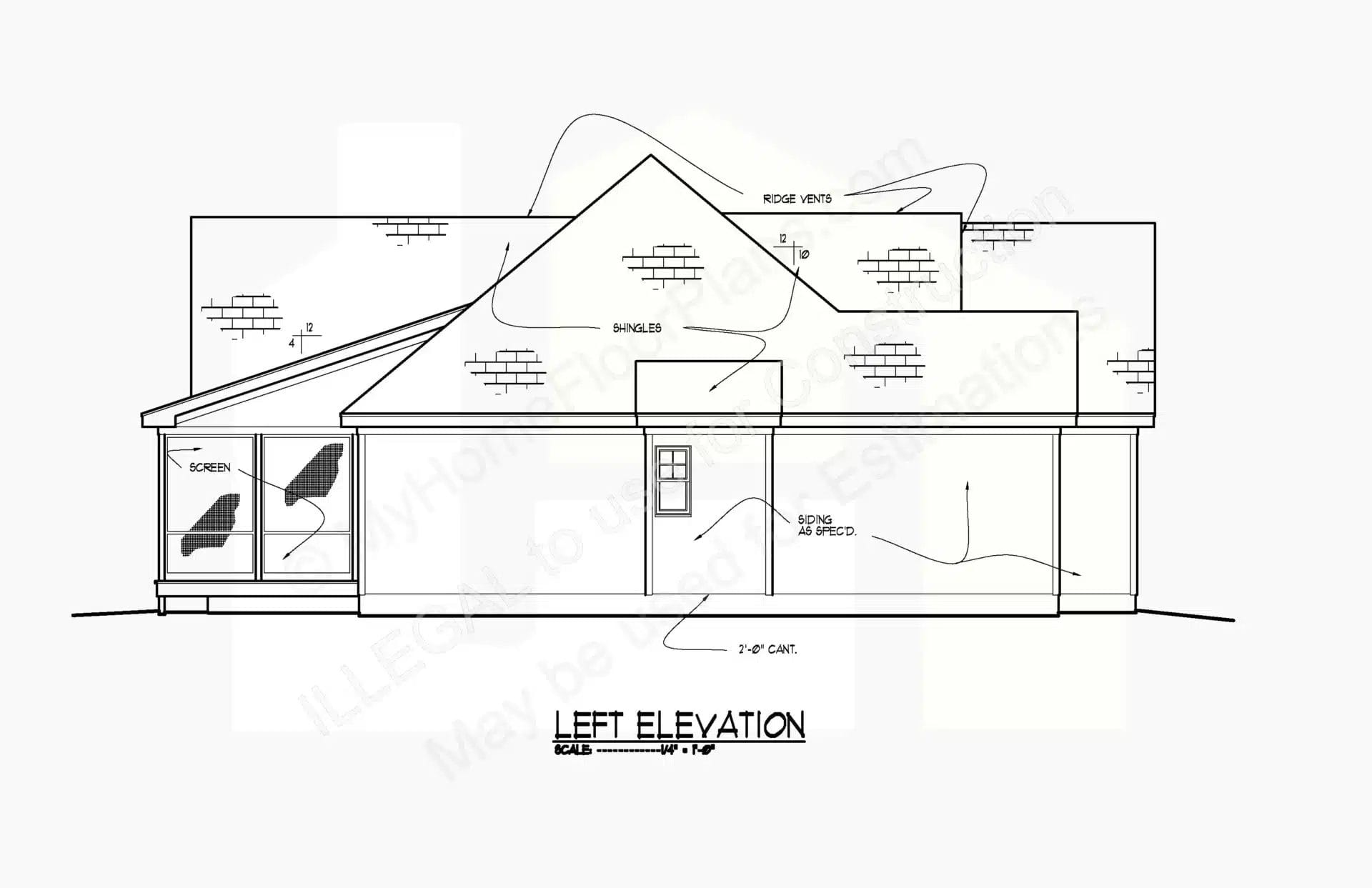 Architectural drawing of a 12-2289 home's left elevation featuring labeled parts such as ridge vents, shingles, and a screen. The structure shows multiple roof peaks and detailed scale measurements.