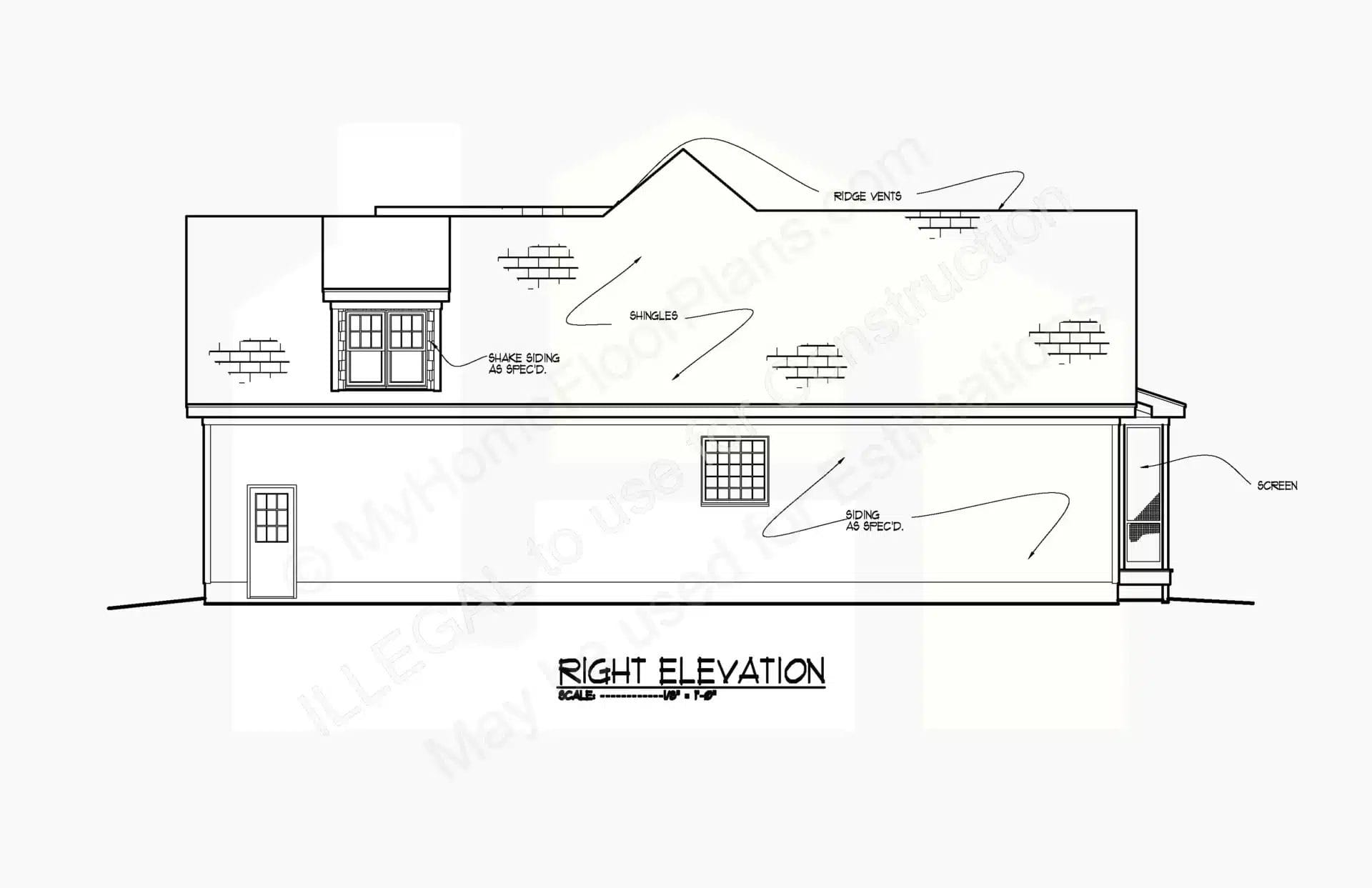 Architectural drawing labeled "right elevation" of a two-story house, featuring labeled elements like roof vents, double-hung windows, single doors, and a screen. The floor plan includes a 12-2289.