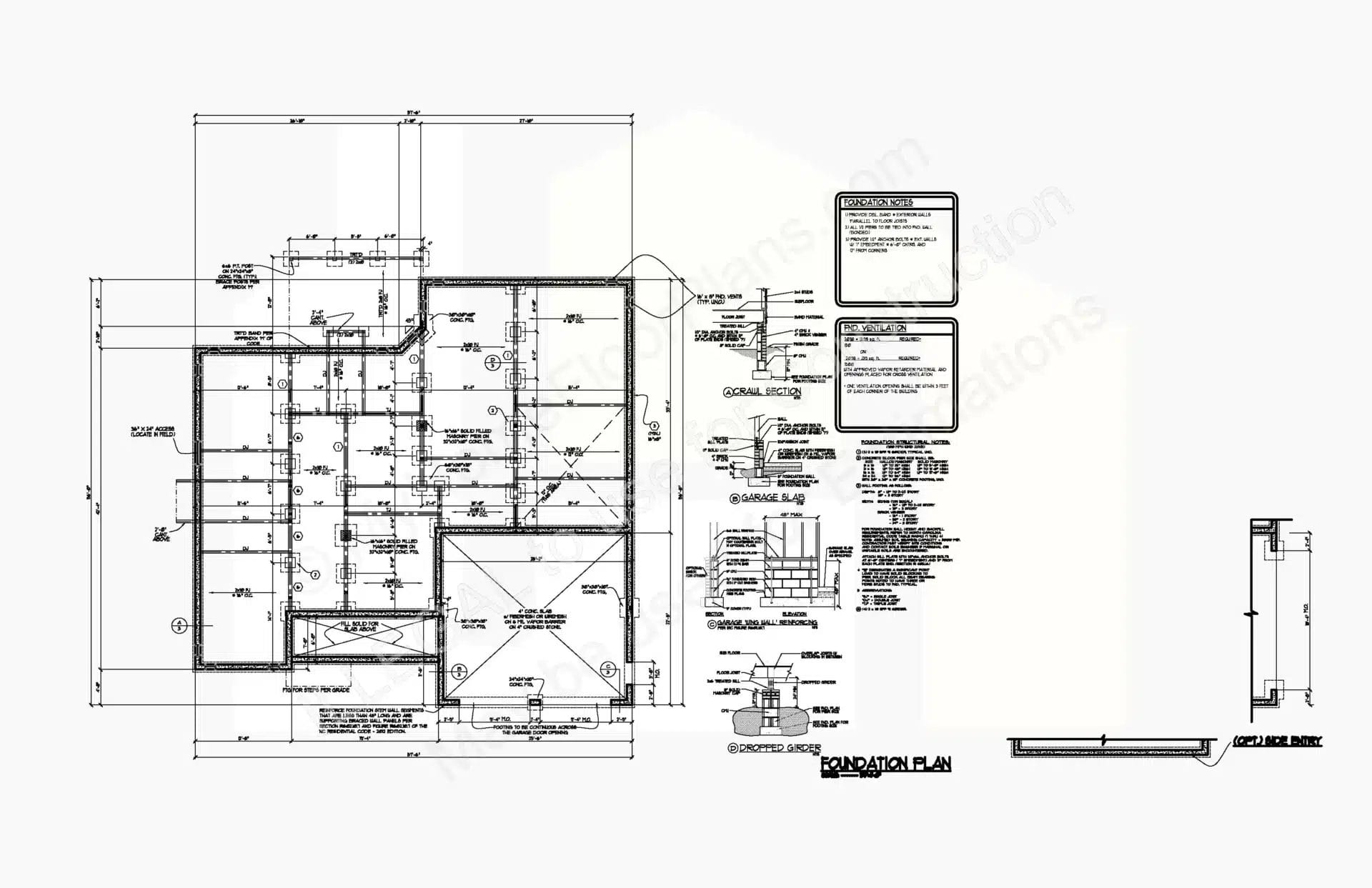 Technical architectural blueprint of a building, detailing the floor plan and elevation views with numerous annotations, measurements, and construction notes. The design includes various rooms and structural elements for product 12-2289.