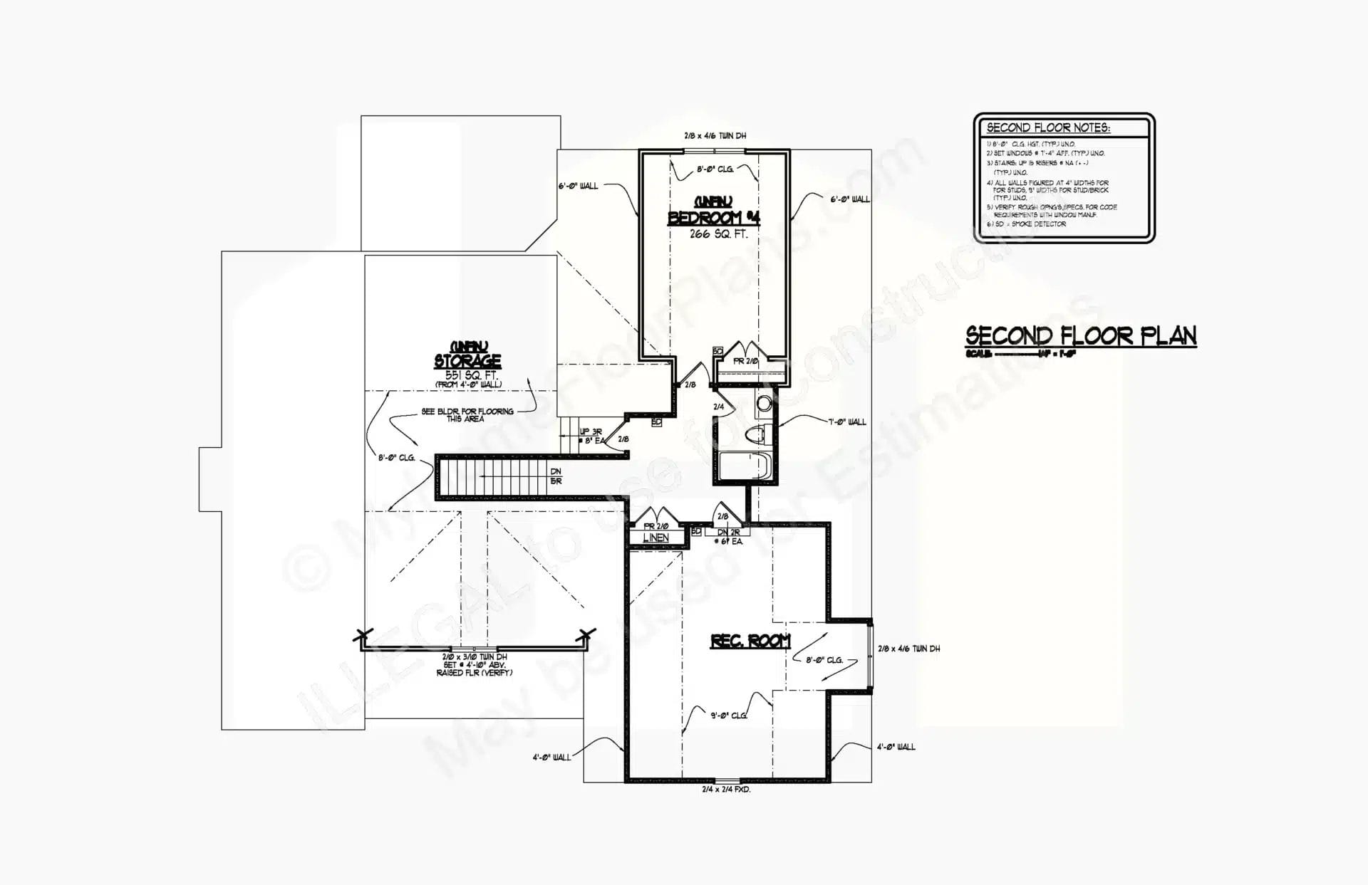 Architectural drawing of a second-floor home plan featuring labeled rooms including a master bedroom, secondary bedroom, and a hall. There are measurements, stairs leading down, and a design notes box 12-2289