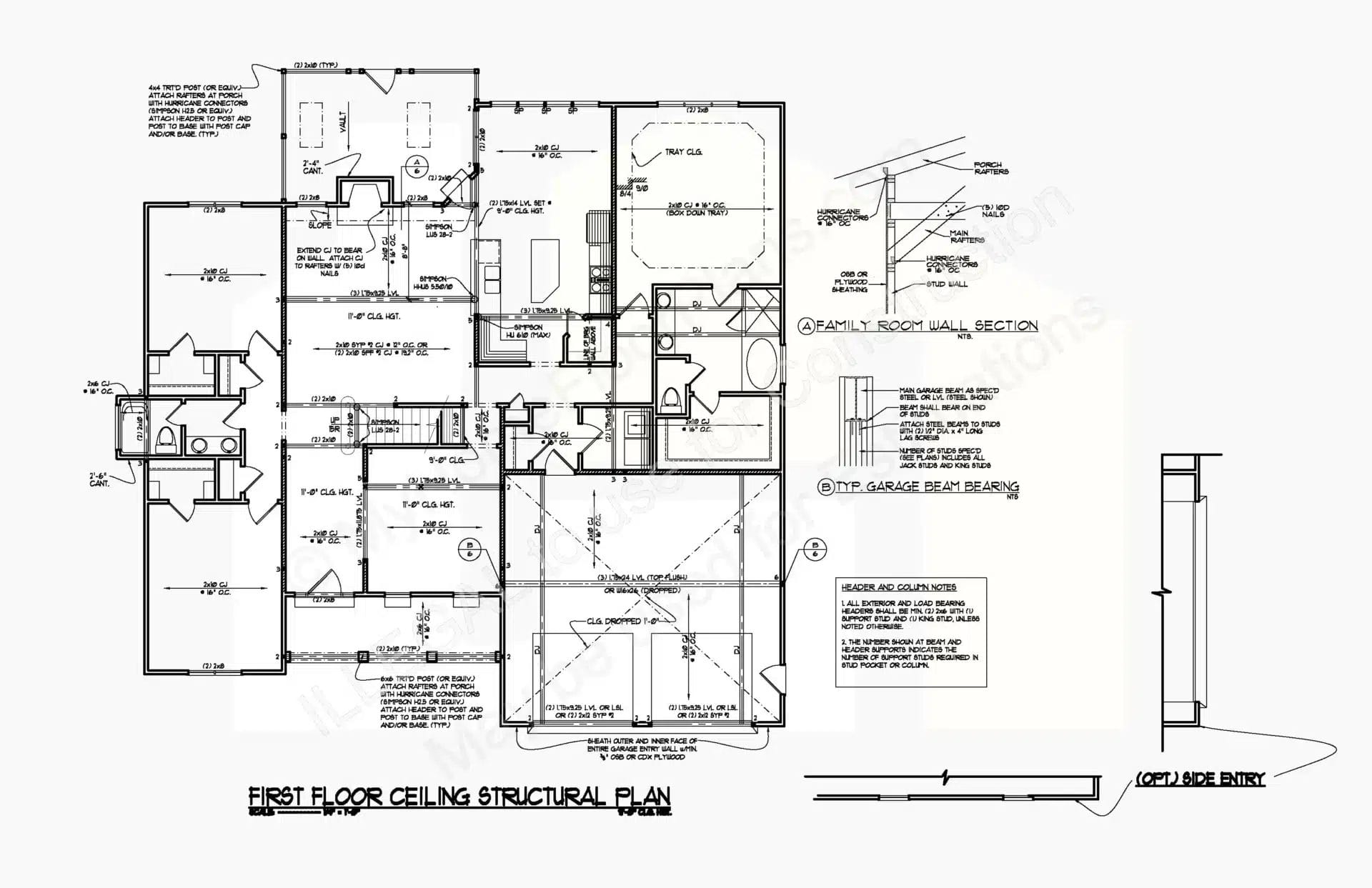 Detailed architectural blueprint of a first-floor ceiling structural plan for a home, featuring labeled rooms, measurements, and construction notes. The 12-2289 includes a layout for lighting, room placement, and cross-section details.