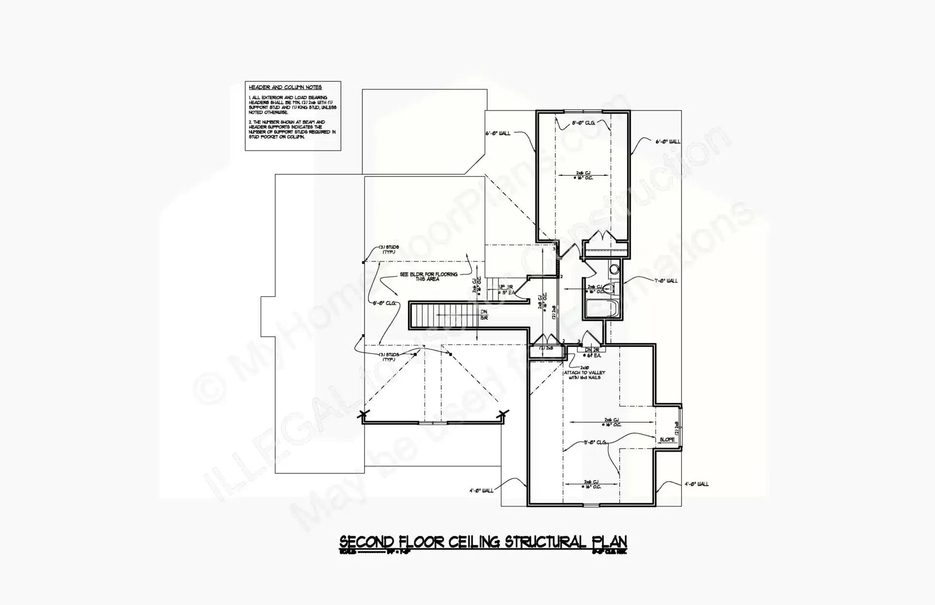 This image presents a detailed architectural design of a home's second-floor ceiling structural plan for the 12-2289. The plan includes labeled sections, dimensions, and annotations providing specific building instructions and material details.