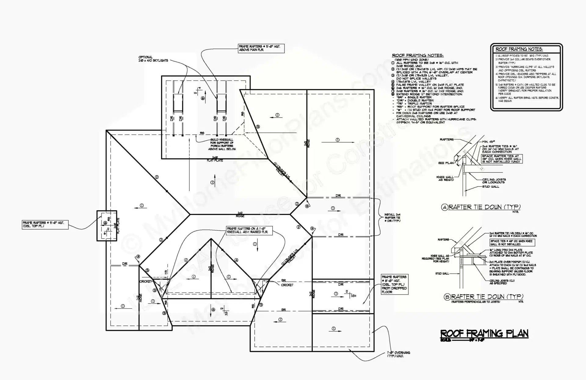 An architectural blueprint of a 12-2289 floor framing plan, featuring detailed line drawings of roof sections, structural elements, annotations, and dimensions, with various notes and scale references on a white background.