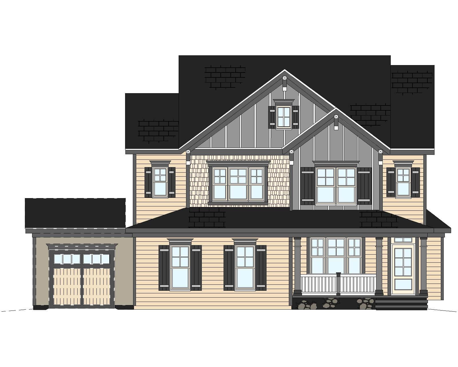 Detailed illustration of a 13-1155 featuring a mix of brick and siding, multiple gabled roofs, a covered front porch, large windows, and an attached garage on the left. The color scheme includes