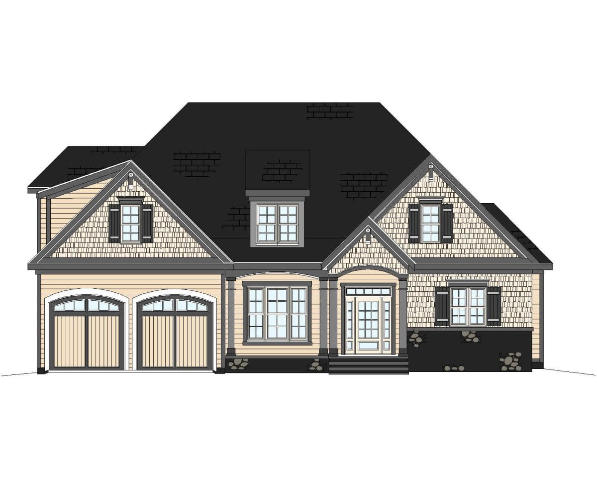 Illustration of a two-story home with an angled roof, featuring three garage doors, symmetrical windows, a central entrance, and exterior brick detailing for product 13-1214.