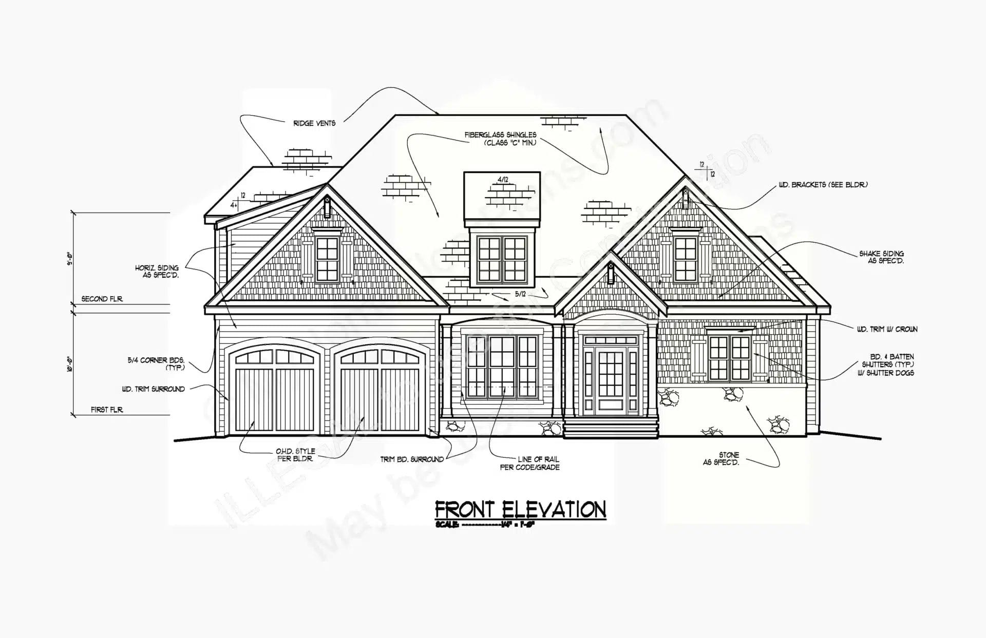 Front elevation plan of a two-story traditional home featuring a three-car garage, multiple gabled roofs, dormer windows, and detailed facade elements, labeled with dimensions and material specifications of the 13-1214.