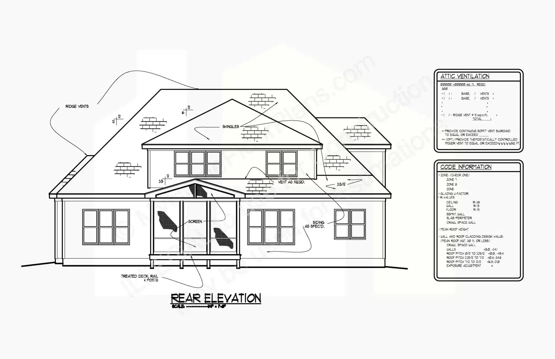 Architectural floor plan of a house's rear elevation, featuring labeled measurements and roof pitch details. Includes an attic ventilation diagram and code interpretation list with specific regulations. Black and white schematic design of product 13-1214.