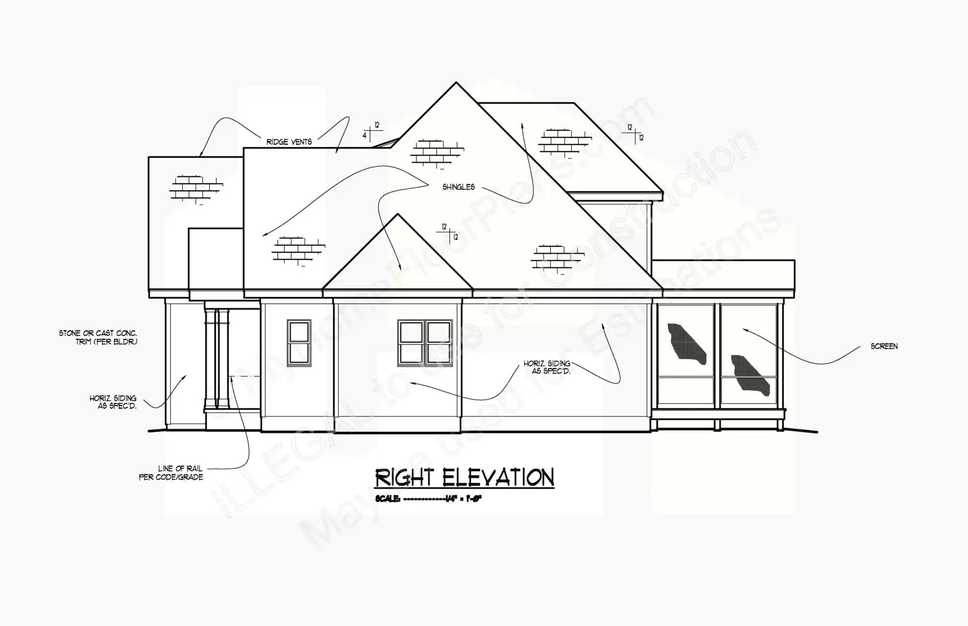 An architectural drawing labeled "right elevation" of a 13-1214 multiple-gabled home with annotations indicating material specifications and dimensions. The illustration includes side views of windows, doors, and rooflines.