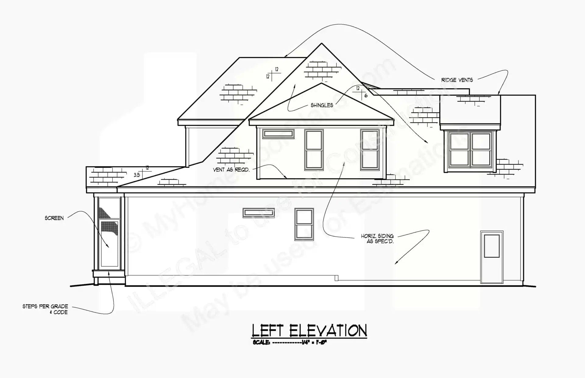 Architectural drawing of a 13-1214's left elevation featuring labeled dimensions and components such as roof, windows, and vents, drawn with precise lines and annotations for clarity.