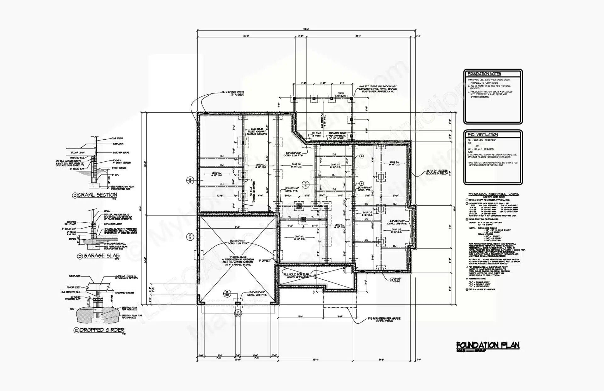 Technical drawing of a detailed 13-1214 home foundation design featuring labeled sections and measurements, with different symbols representing construction elements like walls and beams, accompanied by annotations and a title block.