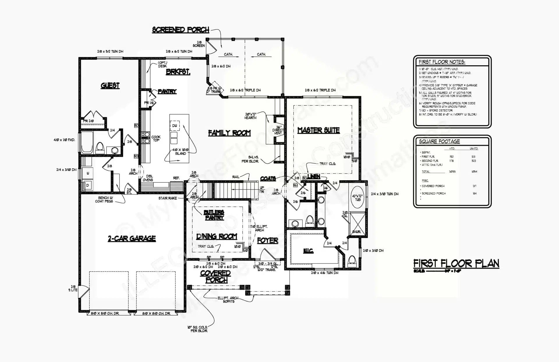 Detailed architectural blueprint of a first-floor 13-1214 plan, showcasing labeled rooms including a master suite, kitchen, and living areas, with measurements and furniture layout. The design features a screened porch and a two-car