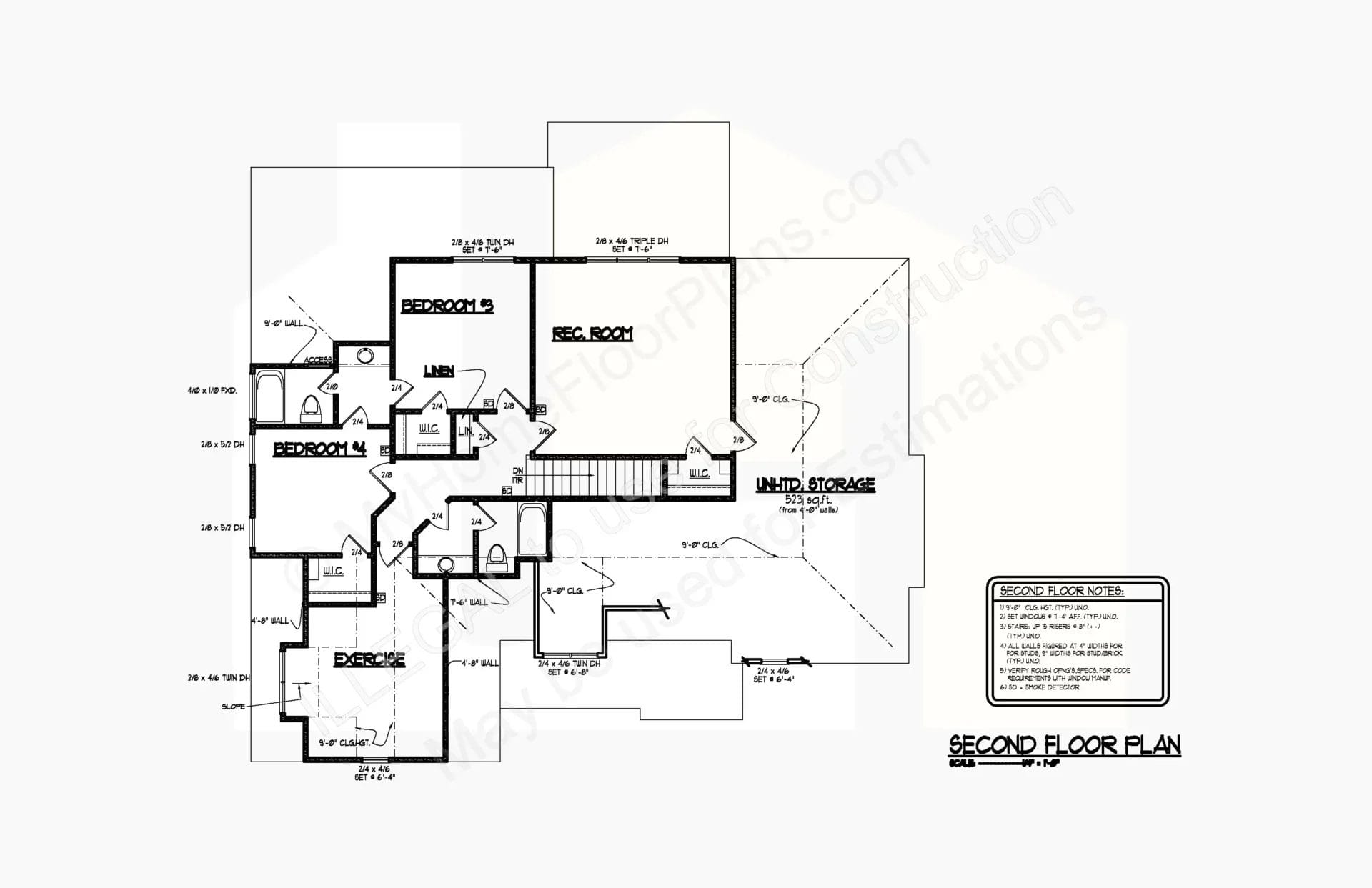 This image illustrates a comprehensive architectural blueprint of a second-floor home plan, showing layout markings for bedrooms, bathrooms, stairs, and storage areas, along with measurements and design notes for 13-1214.