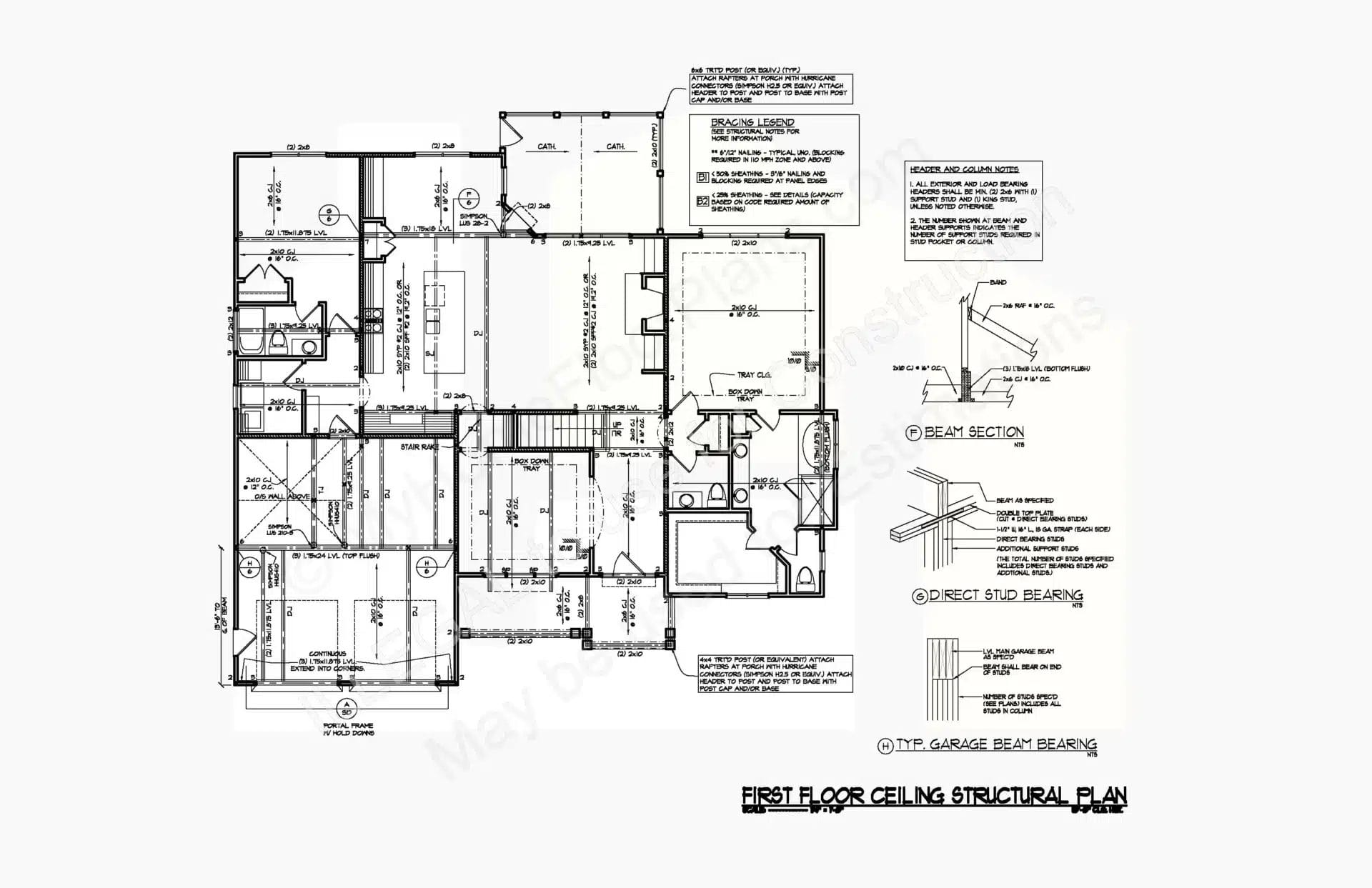An architectural blueprint displaying the first-floor ceiling structural plan of a building. The design includes detailed measurements, labels, and specifications, such as beam sections and room layouts of the 13-1214 product.