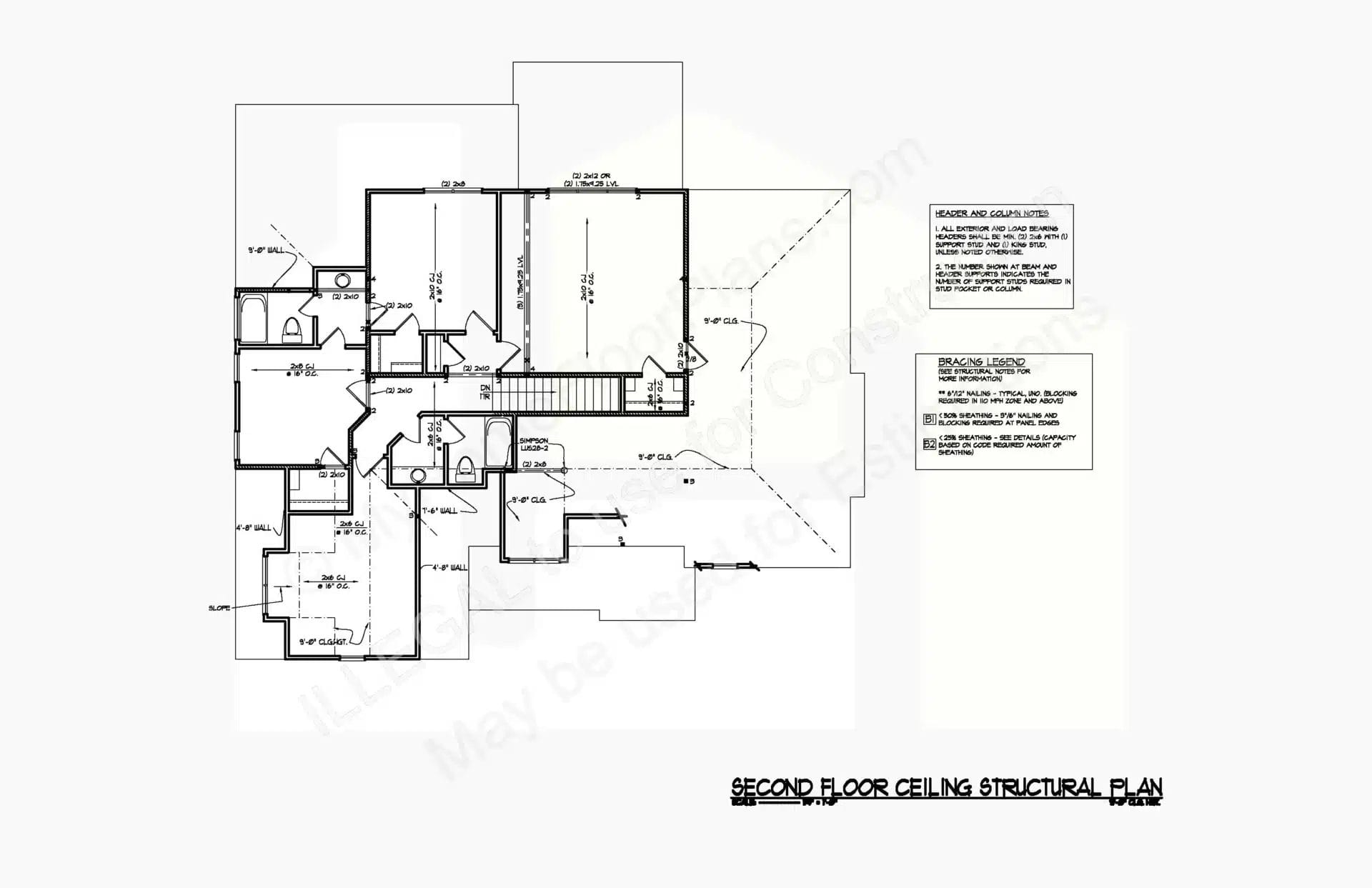 Architectural blueprint of a 13-1214 second-floor ceiling structural plan, featuring a detailed layout with labeled rooms, dimensions, and construction notes. The design includes beams, joists, and annotations for specific building sections.