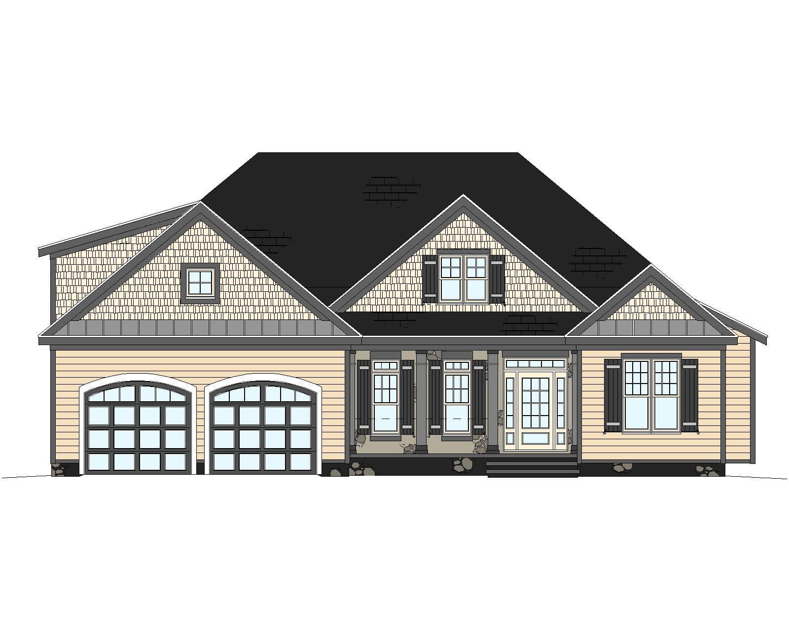 Illustration of a modern single-story house featuring a symmetrical plan with a central gable over the entrance, flanked by two large windows, and a double garage on the left. The facade includes 13-1336.