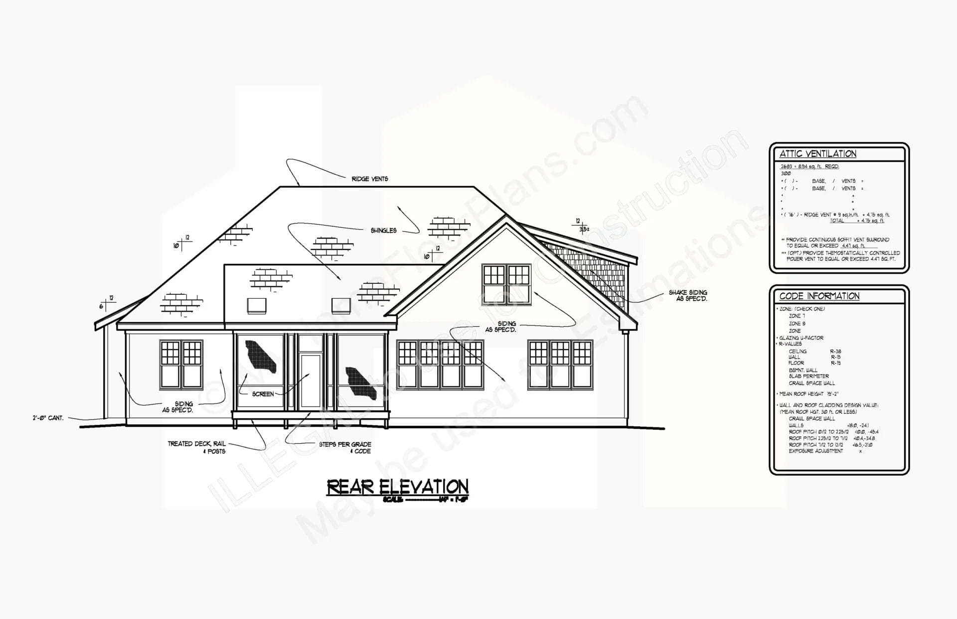 Architectural rear elevation blueprint of a two-story home showing detailed dimensions, window and door placements. Adjacent are tables with attic and soffit ventilation specifications for product 13-1336.