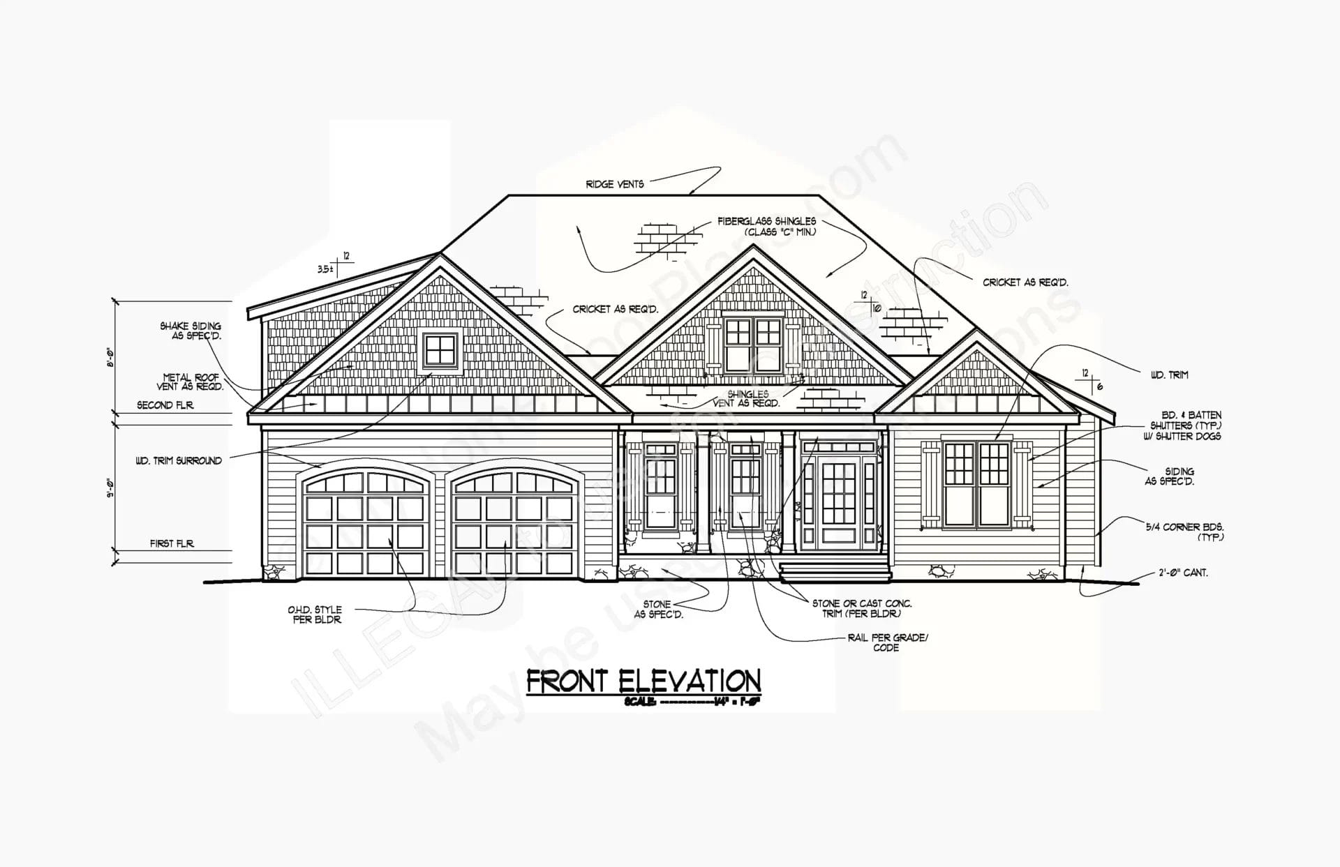 A detailed architectural drawing of a residential home's front elevation labeled "elevation 13-1336," showcasing a symmetrical design with a central entrance, two flanking garage doors, and a gabled roof with dimensions.