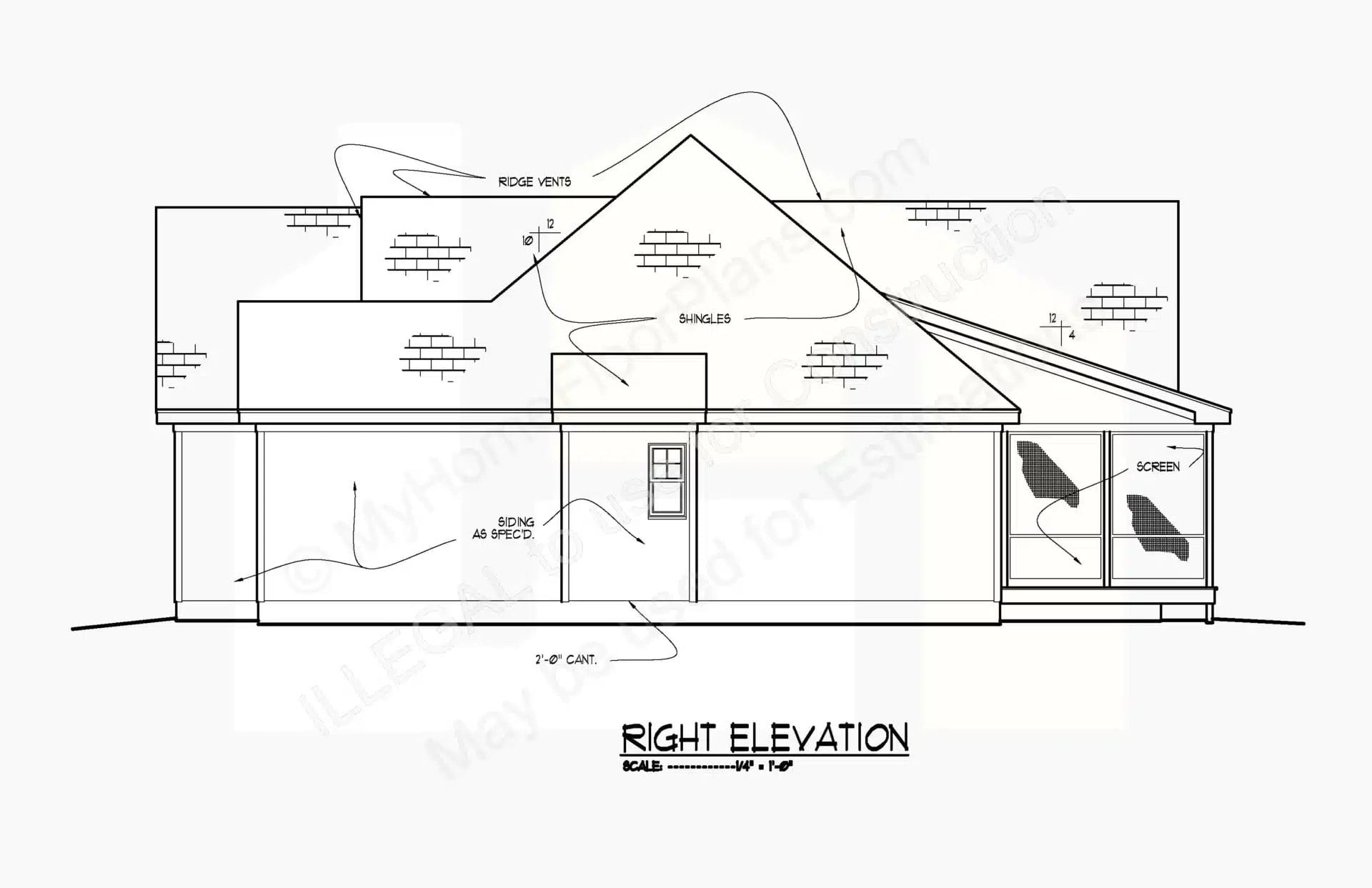 Architectural plan of a 13-1336's right elevation, featuring labeled components such as roof edges, shingles, siding, and windows. The elevation includes a side entrance and scale indicators.