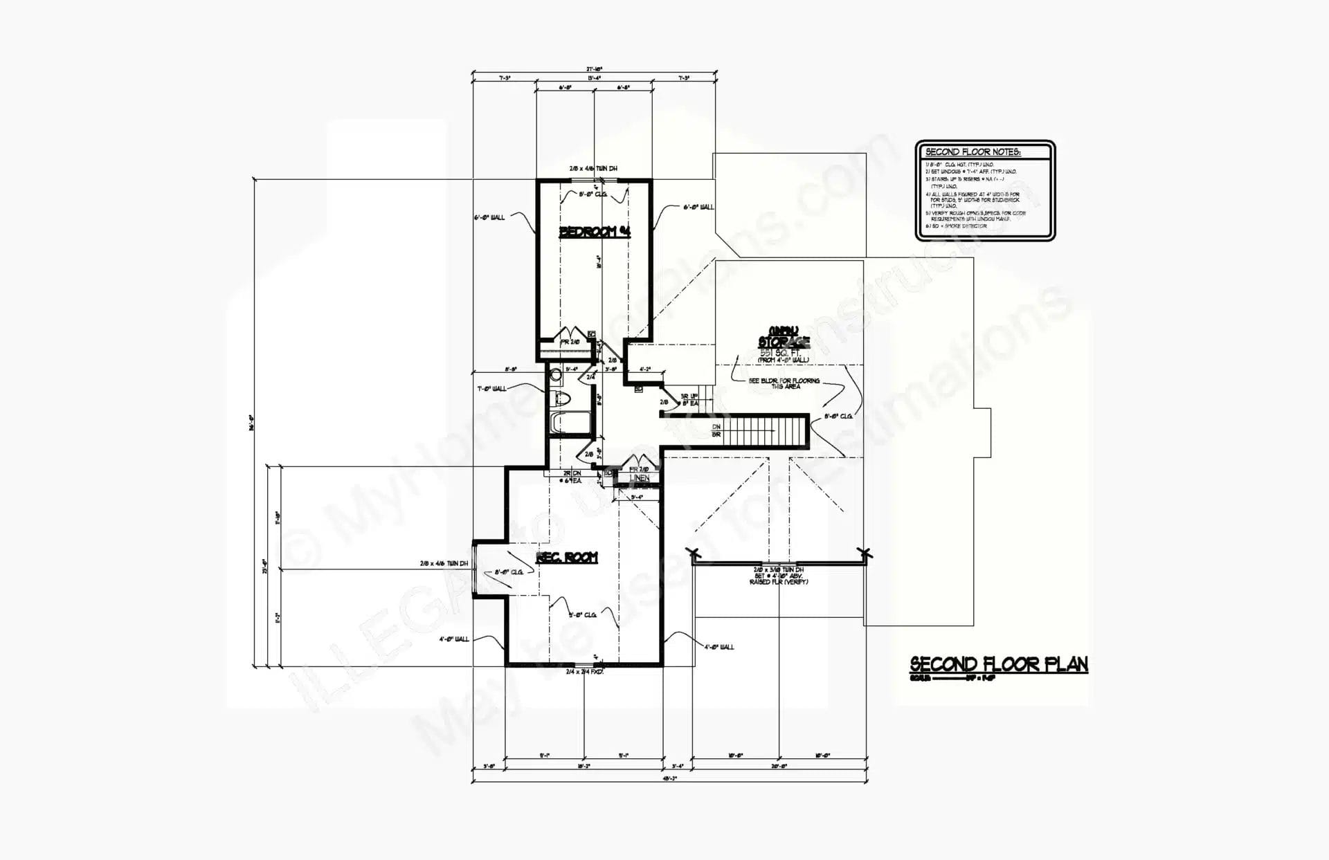 Architectural blueprint of a 13-1336 second-floor plan. The drawing features labeled rooms, measurements, and sectional markers. Top-right contains a copyright notice and logo, with detailed notes and scale information.