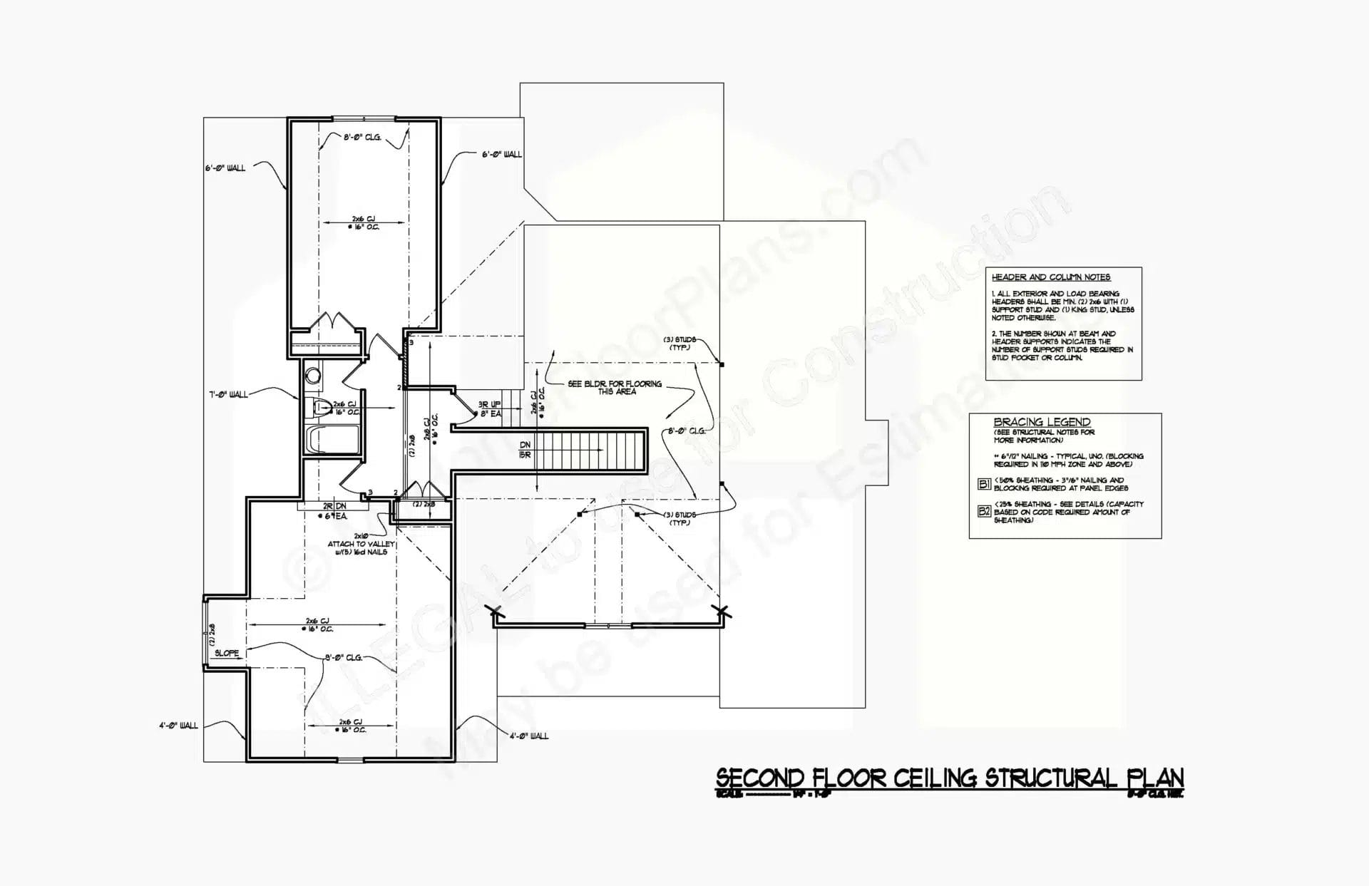 This image is a detailed architectural drawing labeled "second floor ceiling structural plan 13-1336." It includes dimensions, structural notes, and various room outlines, all marked with precise measurements and construction details.