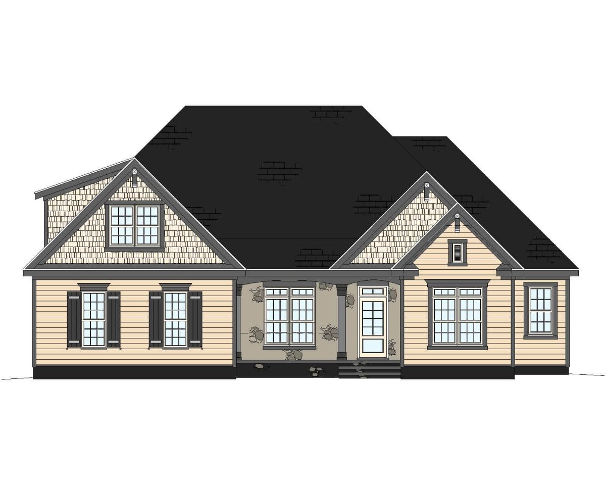A digital rendering of a 13-1721 featuring a symmetrical floor plan with a central entrance. The house has two gabled roofs, a mix of siding, shuttered windows, and a detailed front.