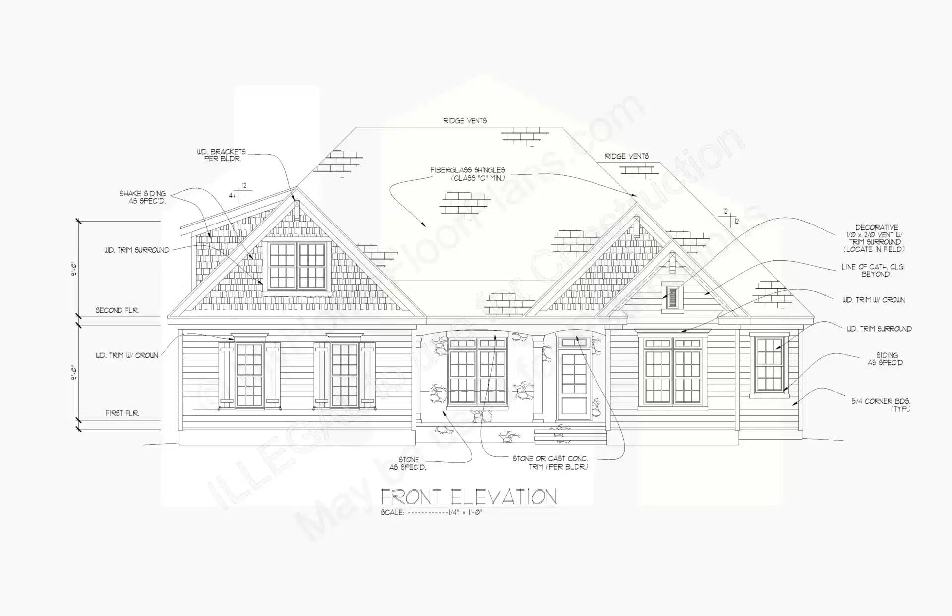 Technical drawing of a 13-1721's front elevation, featuring detailed architectural annotations and dimensions for a single-story residence with a gabled roof, multiple windows, and a prominent front entrance.