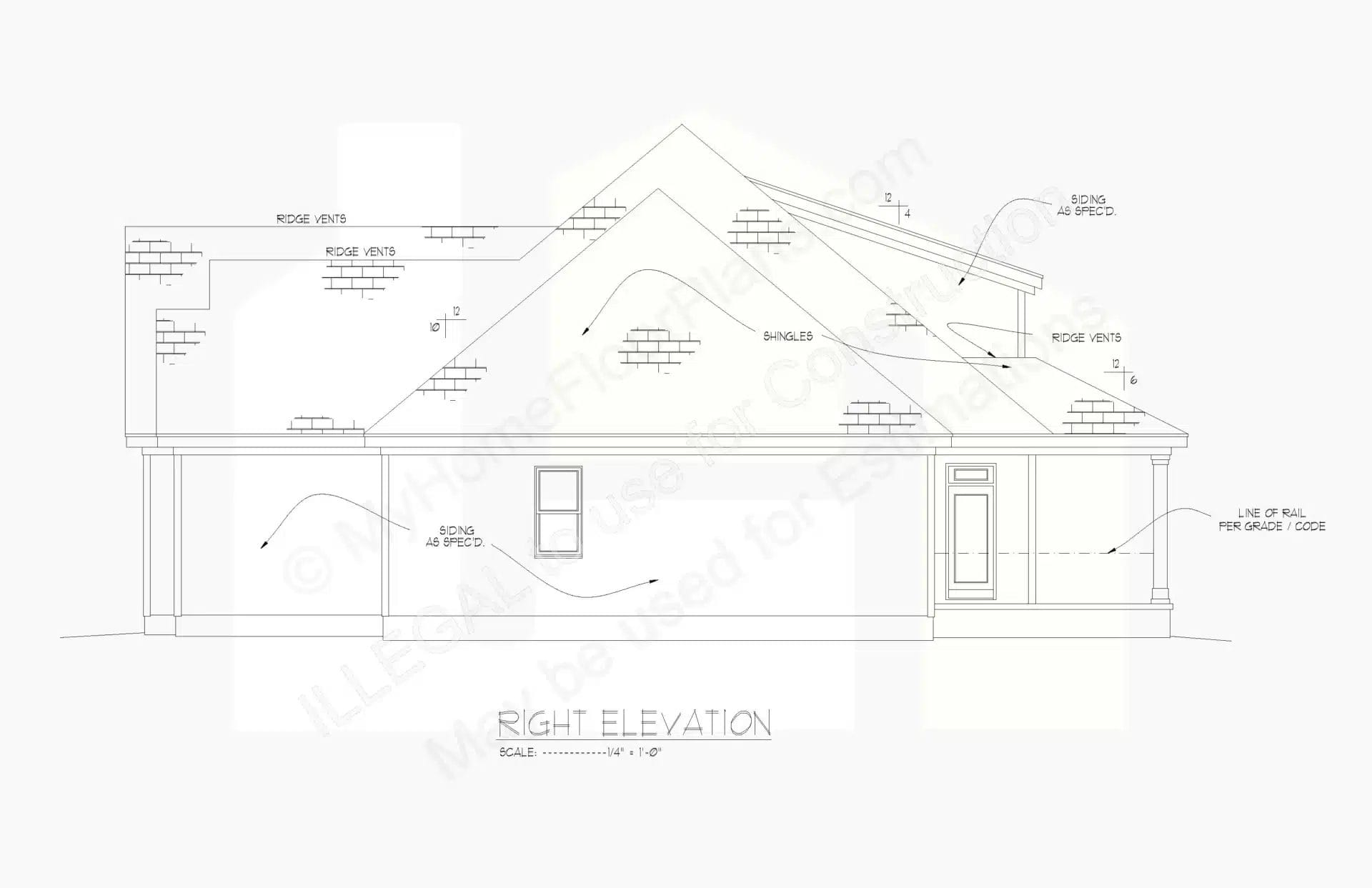 Architectural design of a home's right elevation, showing detailed roof structure, windows, and door placements. Annotations indicate dimensions and materials such as ridge vents and shingle siding using the 13-1721 product.