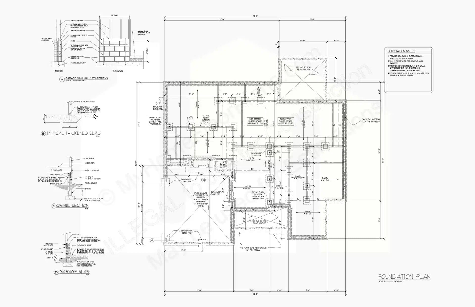 Detailed architectural foundation plan showing a floor layout with labeled rooms, dimensions, and construction notes. Annotations and sectional drawings are included around the 13-1721.