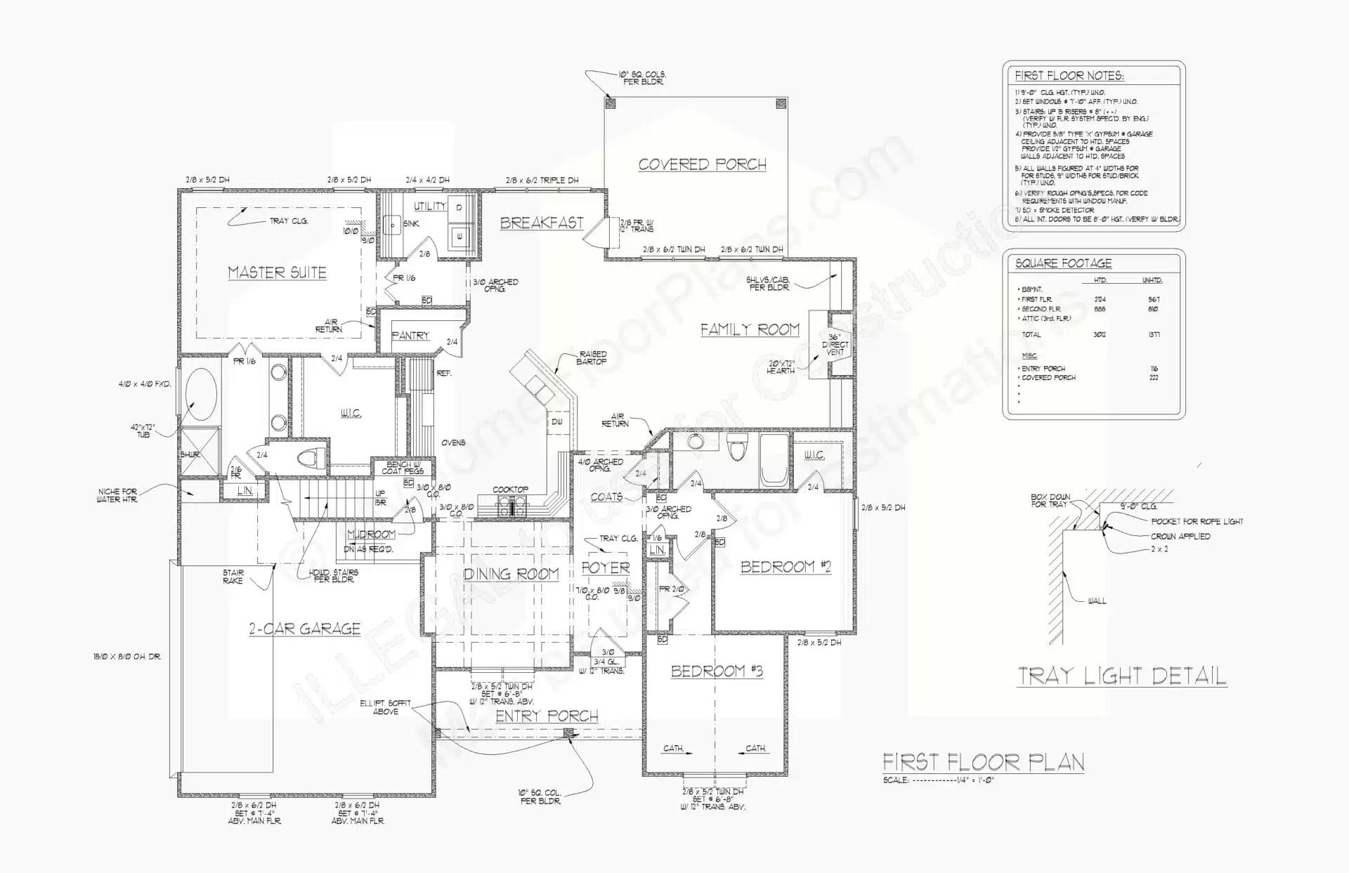 This is a detailed architectural floor plan of a first-floor home layout, featuring labeled rooms including a family room, dining room, kitchen, three bedrooms, and associated details such as porch areas and a garage for the 13-1721.