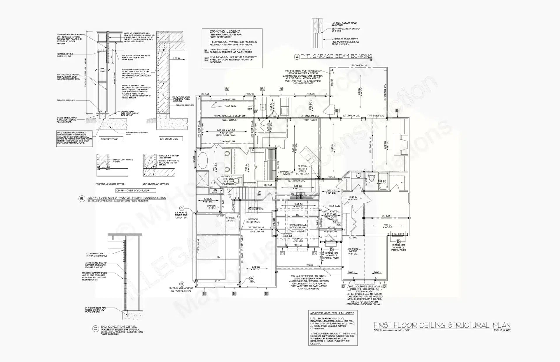 This is a detailed architectural blueprint of a 13-1721 first floor ceiling structural design, featuring labeled rooms, measurements, and construction notes with technical symbols and dimensions, rendered in black and white.
