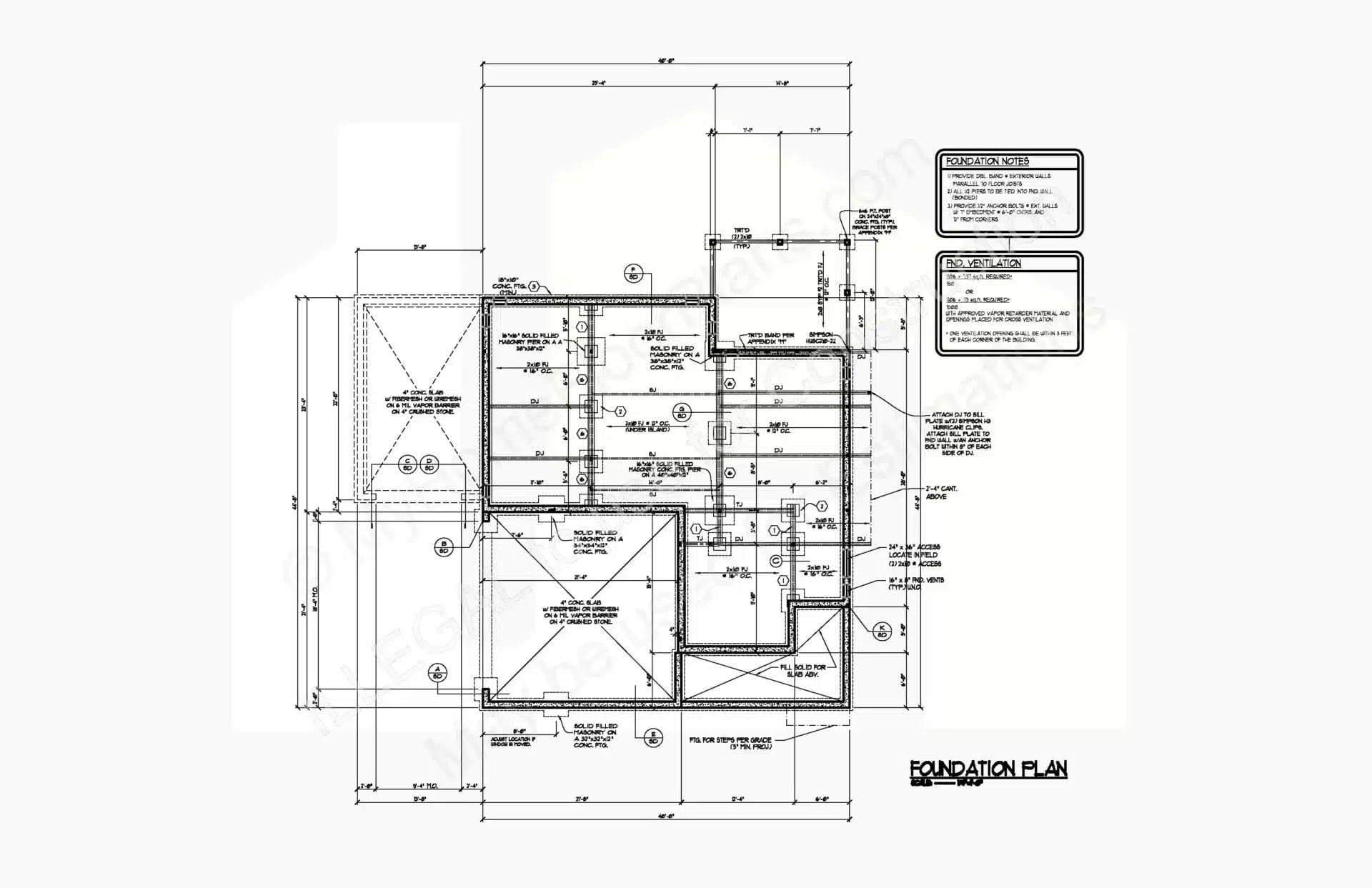 Detailed architectural foundation design with labeled dimensions, structural elements like walls and beams, and specific notes detailing construction standards. The layout includes multiple rooms and annotations for building guidelines. 13-1790