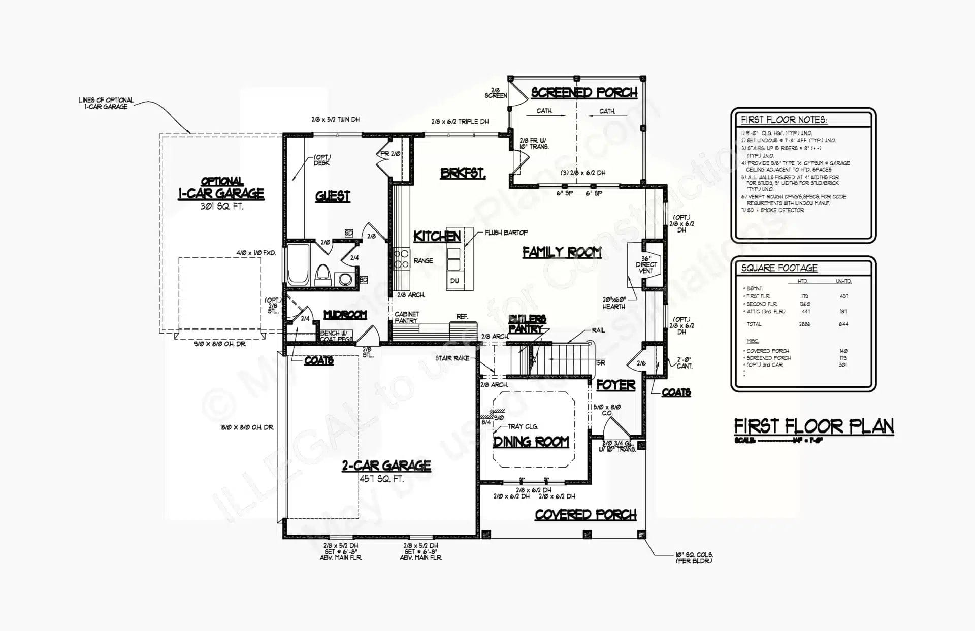 An architectural floor plan of a residential home showcases labeled rooms including a kitchen, family room, dining room, and multiple porches. Annotations and dimensions provide detail for a 13-1790 garage and various storage areas.