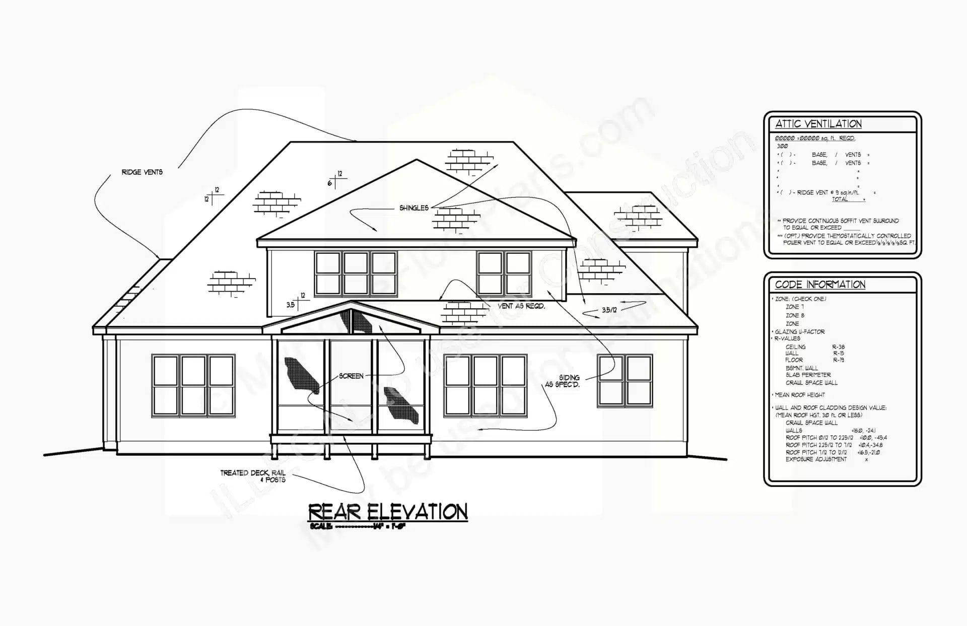 Architectural drawing of a house's rear elevation, featuring labeled dimensions and detailed schematic annotations including roof and attic ventilation specifics, and a side inset showing a cross-section of wall and roof layers in the 13-1919.