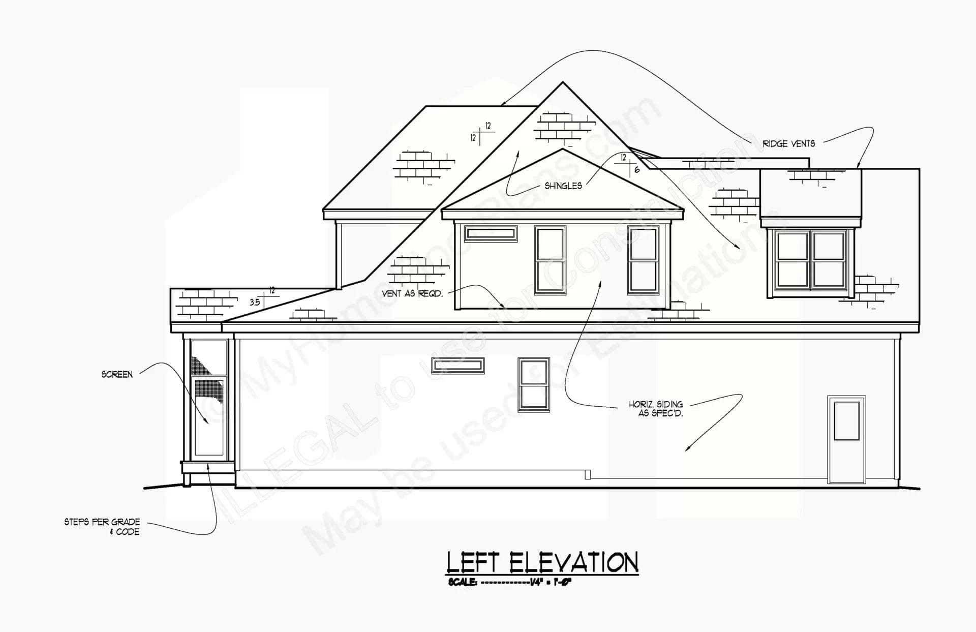 Technical drawing of the left elevation of a two-story house showing labeled architectural details such as roof pitch, siding, shingles, and height annotations. Notable features include a screened porch and multiple windows. (13-1919)