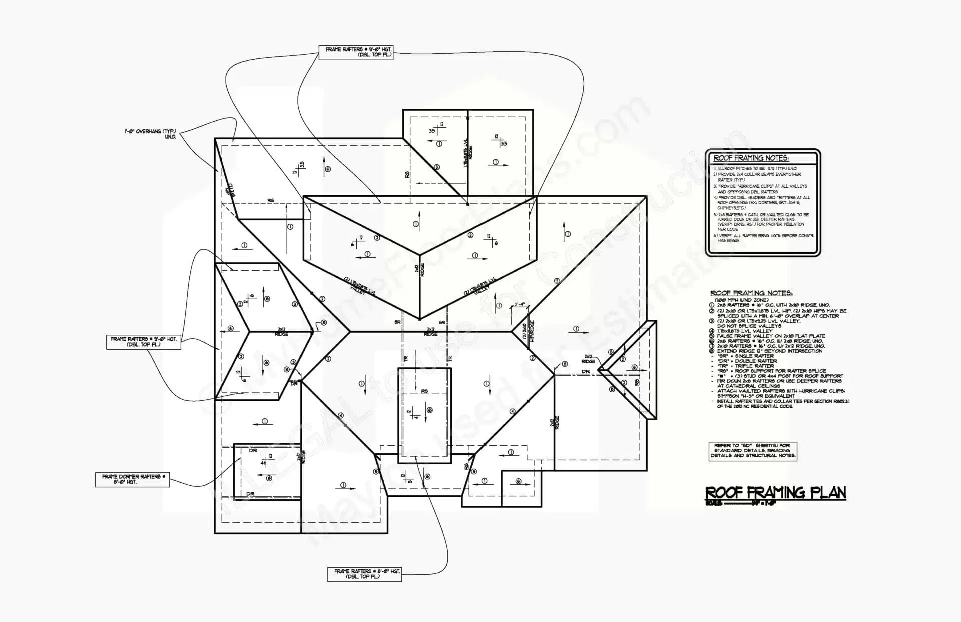 Sentence with product name: A detailed architectural diagram of a 13-1919 home roof framing plan, featuring multiple angles and sections labeled with dimensions, angles, and notes. A key to the symbols and detailed instructions are included on the right.