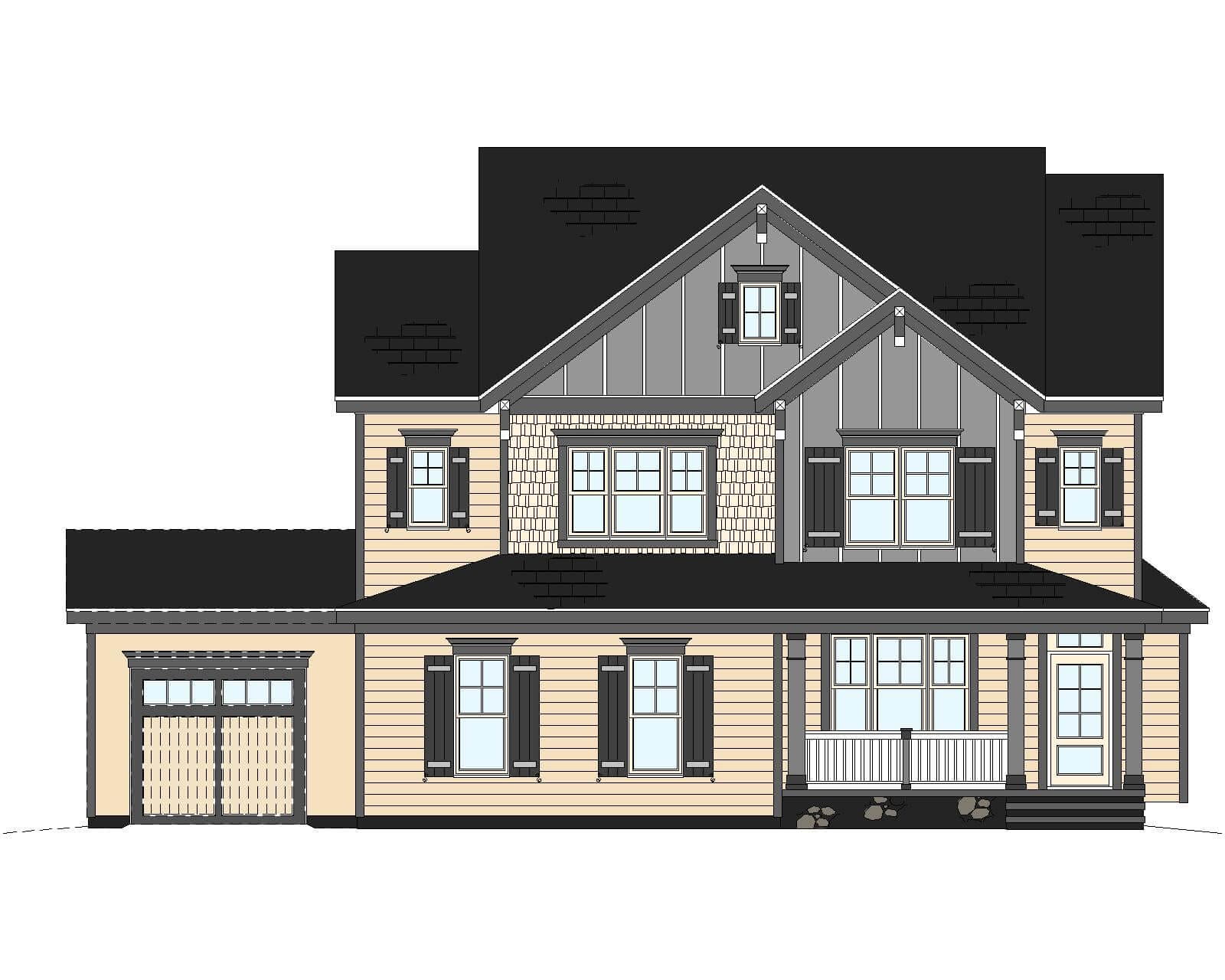 Architectural rendering of a two-story house featuring a combination of brick and siding, gable roofs, a large front porch, and an attached garage to the left. The structure includes multiple windows and 14-1145.
