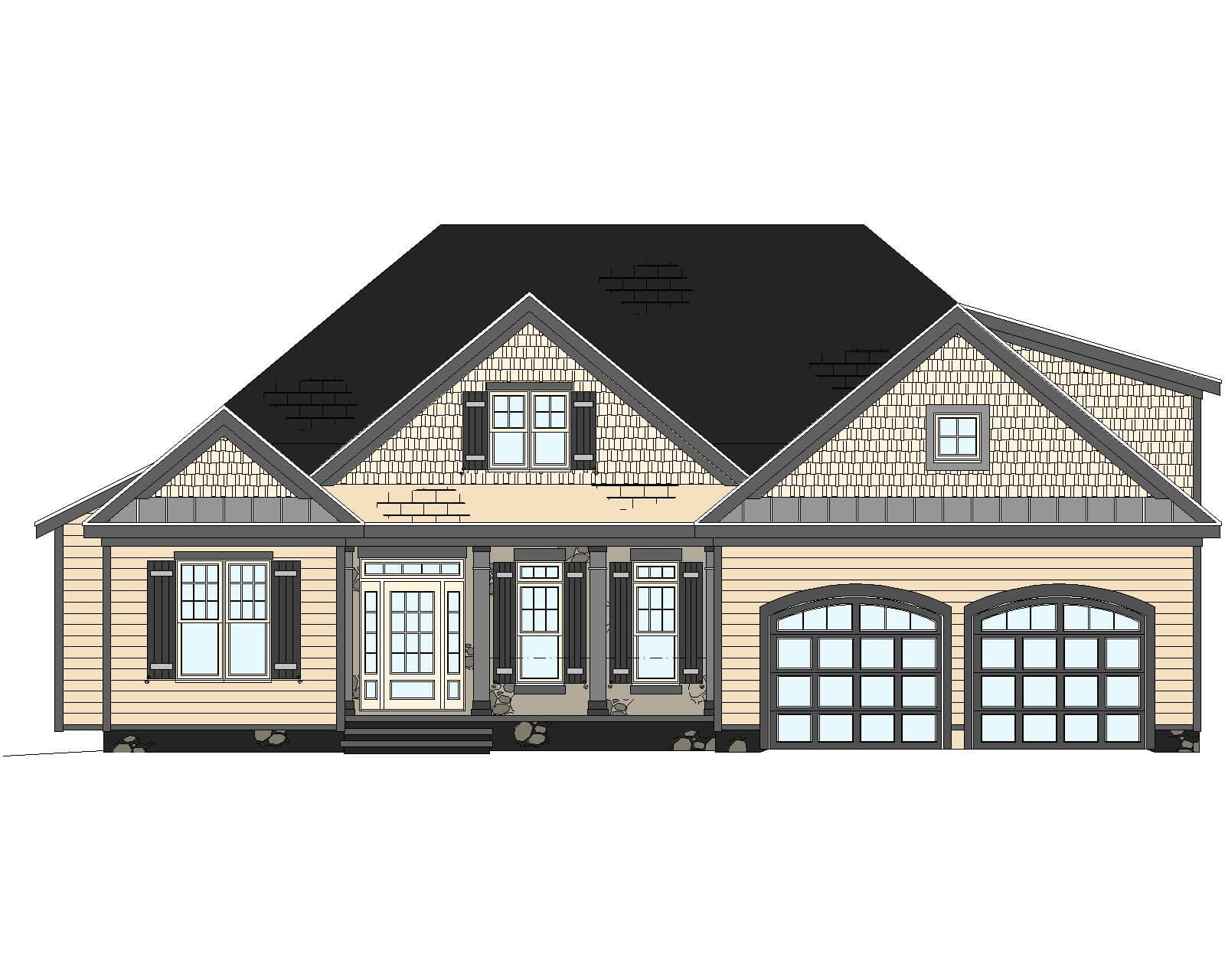 Architectural rendering of a single-story home with a symmetrical design featuring a central entrance flanked by two large windows, a pitched shingle roof, and a two-car garage with arched doors14-1548