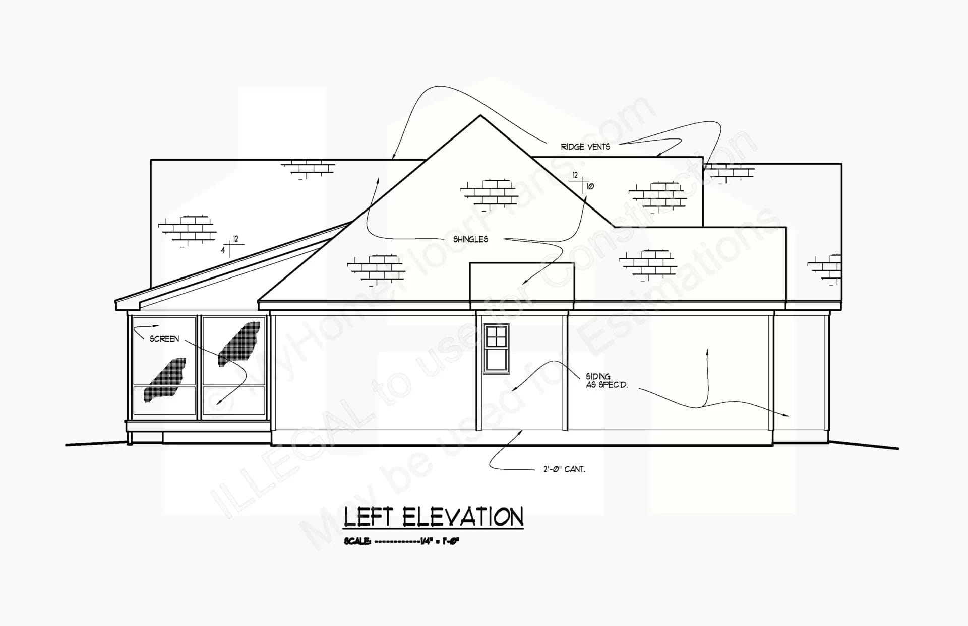 Detailed architectural elevation drawing of a house's left side, featuring labeled parts like roof, windows, and doors, with annotations and floor dimensions. The 14-1548 shows material textures and an inset scene through