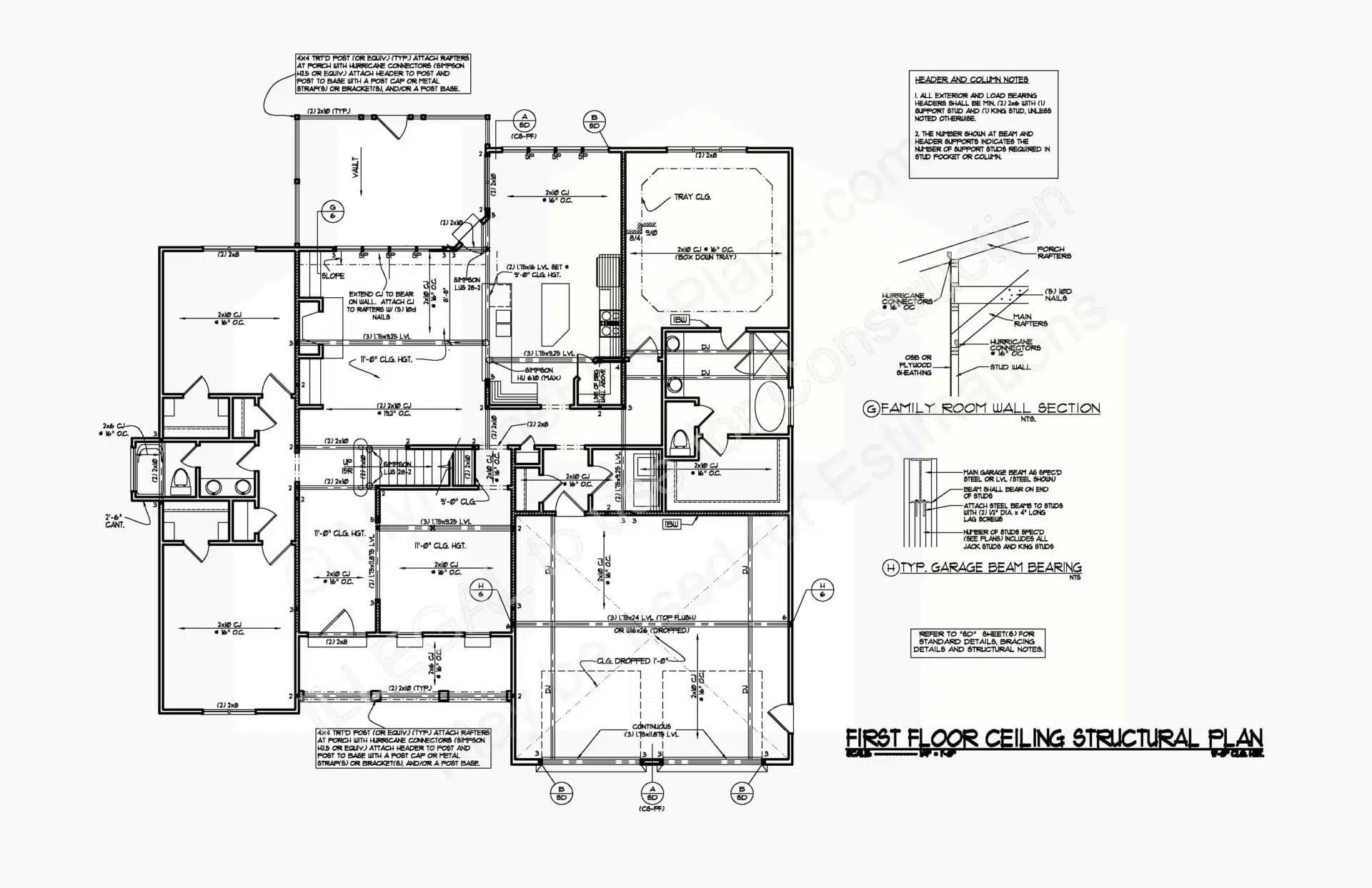 This image displays a detailed 14-1548 first floor ceiling structural plan for a home, featuring various labeled rooms, dimensions, and structural annotations like beam placements and material specifications, all positioned within a clean, technical drawing layout