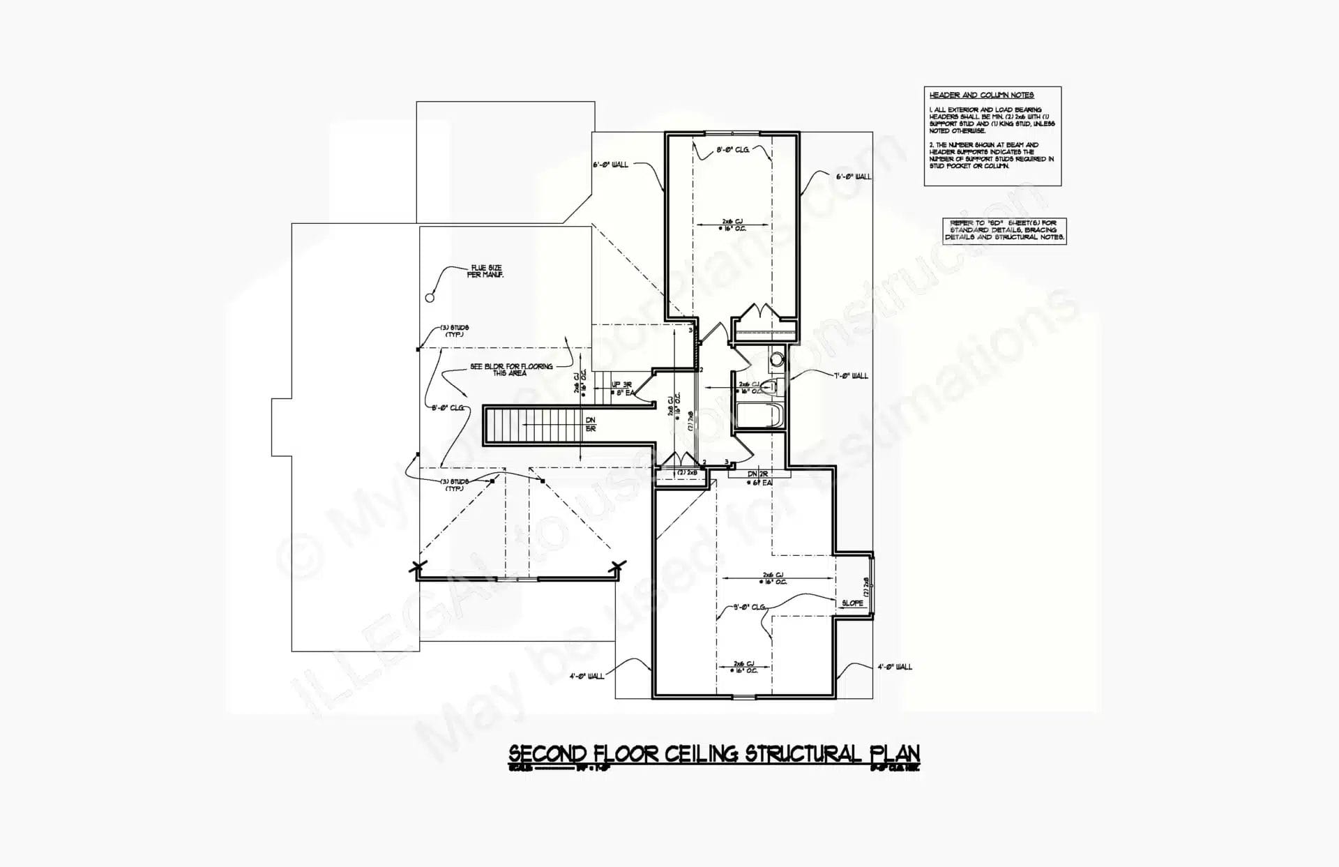 Alt text: architectural blueprint of a 14-1548 second floor home ceiling structural design. It includes detailed room layouts with dimensions, annotations, and hatched areas indicating different ceiling heights and structures.