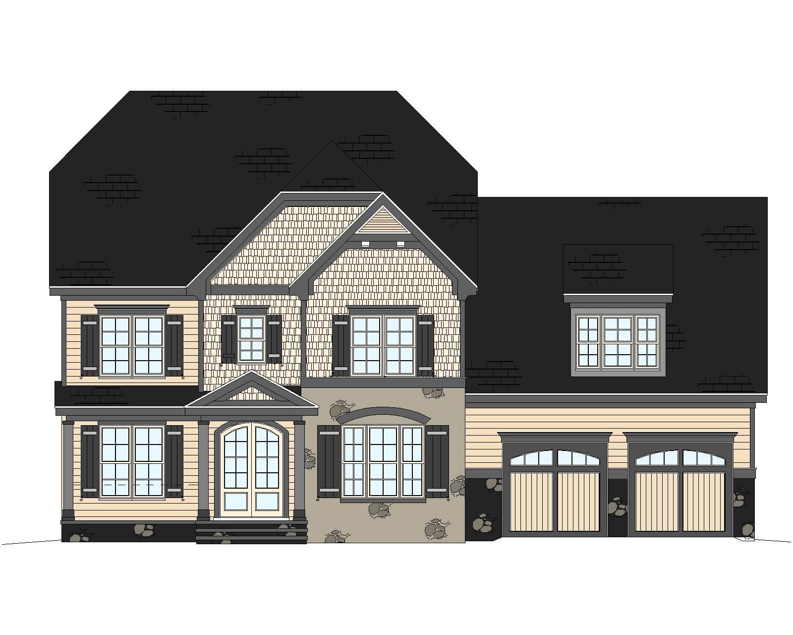 Architectural plan of a two-story house with a textured roof, featuring a prominent front porch, multiple windows, and a double garage. The facade includes brick and siding details, rendered in grayscale.
