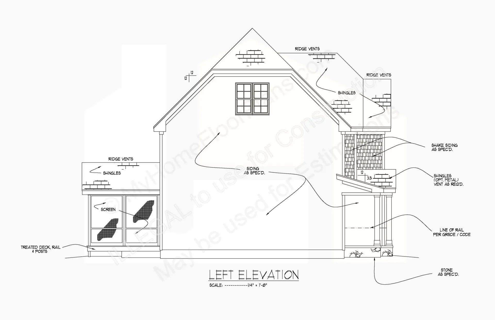 Architectural design of a home's left elevation, showing details like roof, windows, and exterior finishes. The drawing includes annotations, scale, and labeled parts such as truss end, stairs,
Product Name: 14-1972