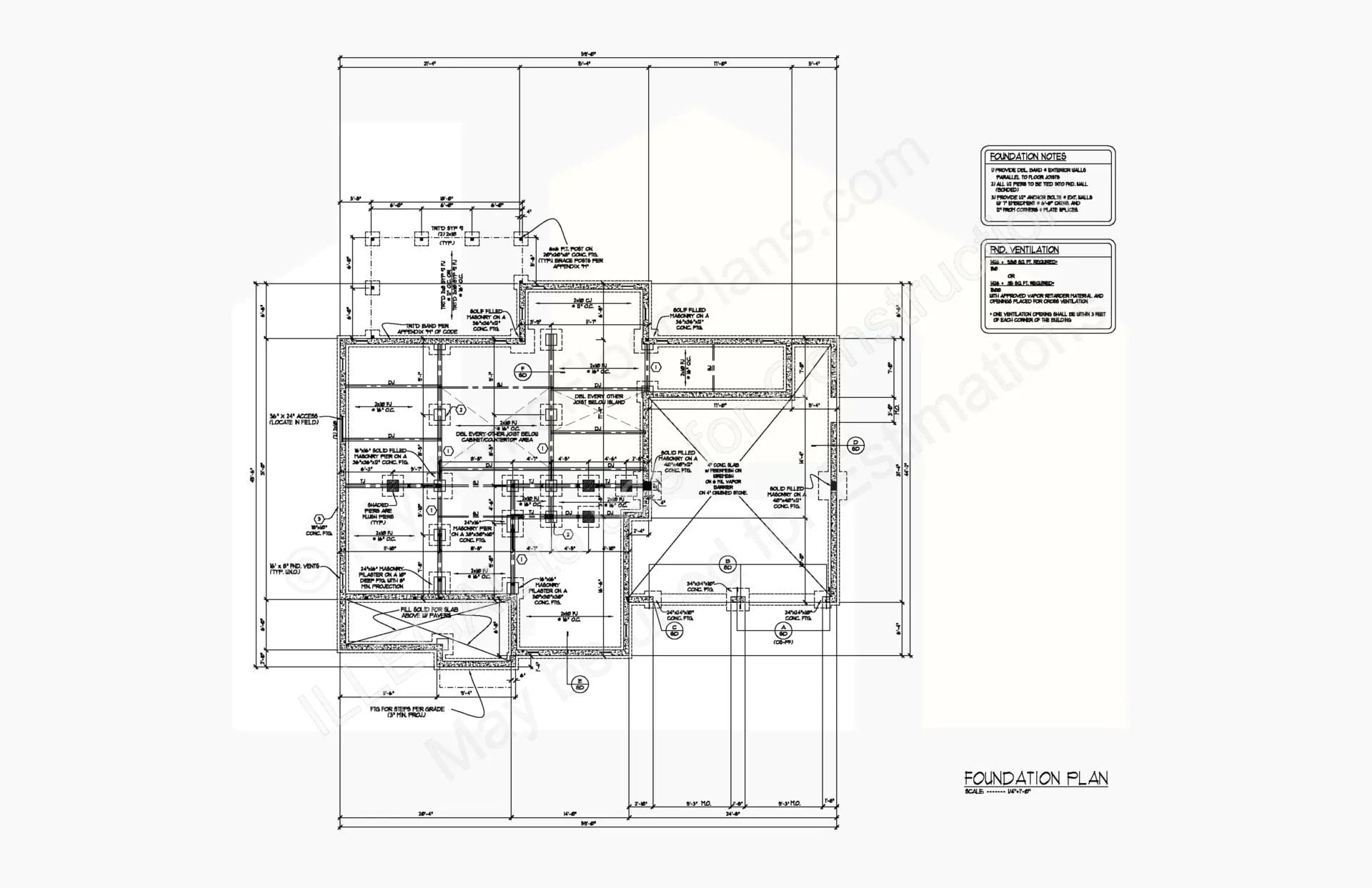 An architectural design of a foundation plan with detailed measurements and labels, includes notes and a legend explaining construction symbols, mostly in black and white, with watermark for 14-1972.