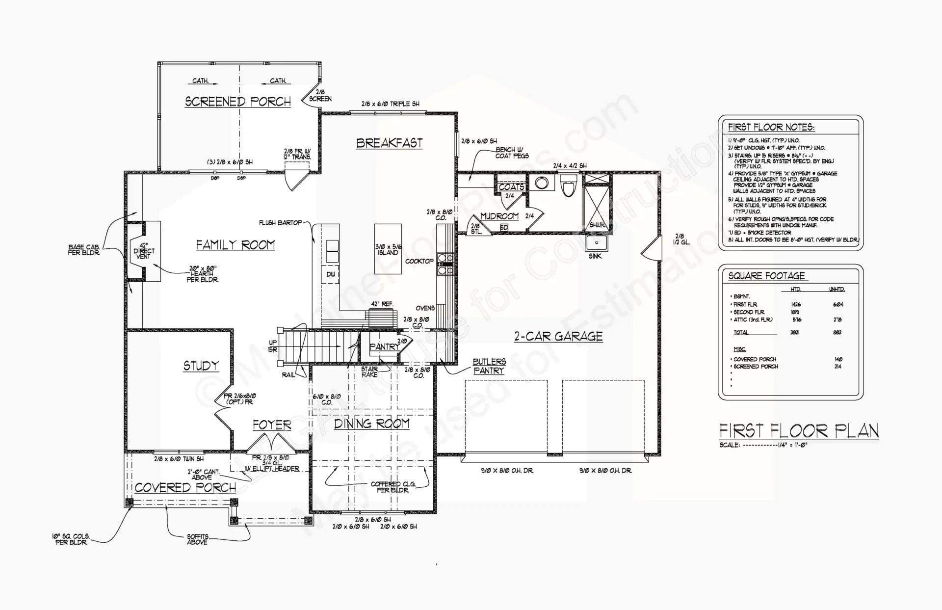 Architectural first-floor plan featuring labeled rooms in a home: covered porch, foyer, study, dining room, pantry, kitchen, breakfast area, screened porch, family room, half bath, and 14-1972.