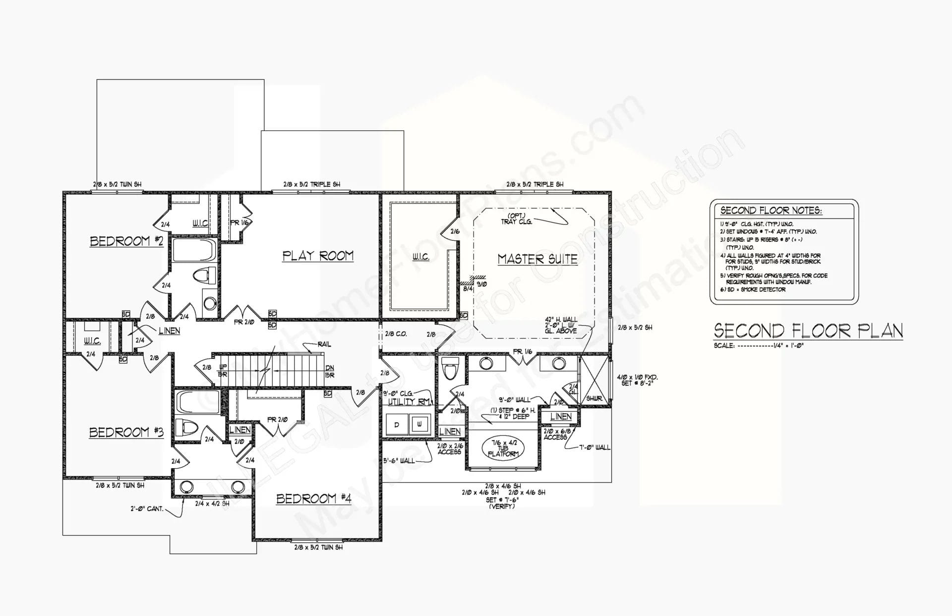 14-1972 of a second-floor design displaying a master suite with bathroom and walk-in closet, three additional bedrooms, a playroom, a shared bathroom, and staircase access, all labeled with dimensions and notes.