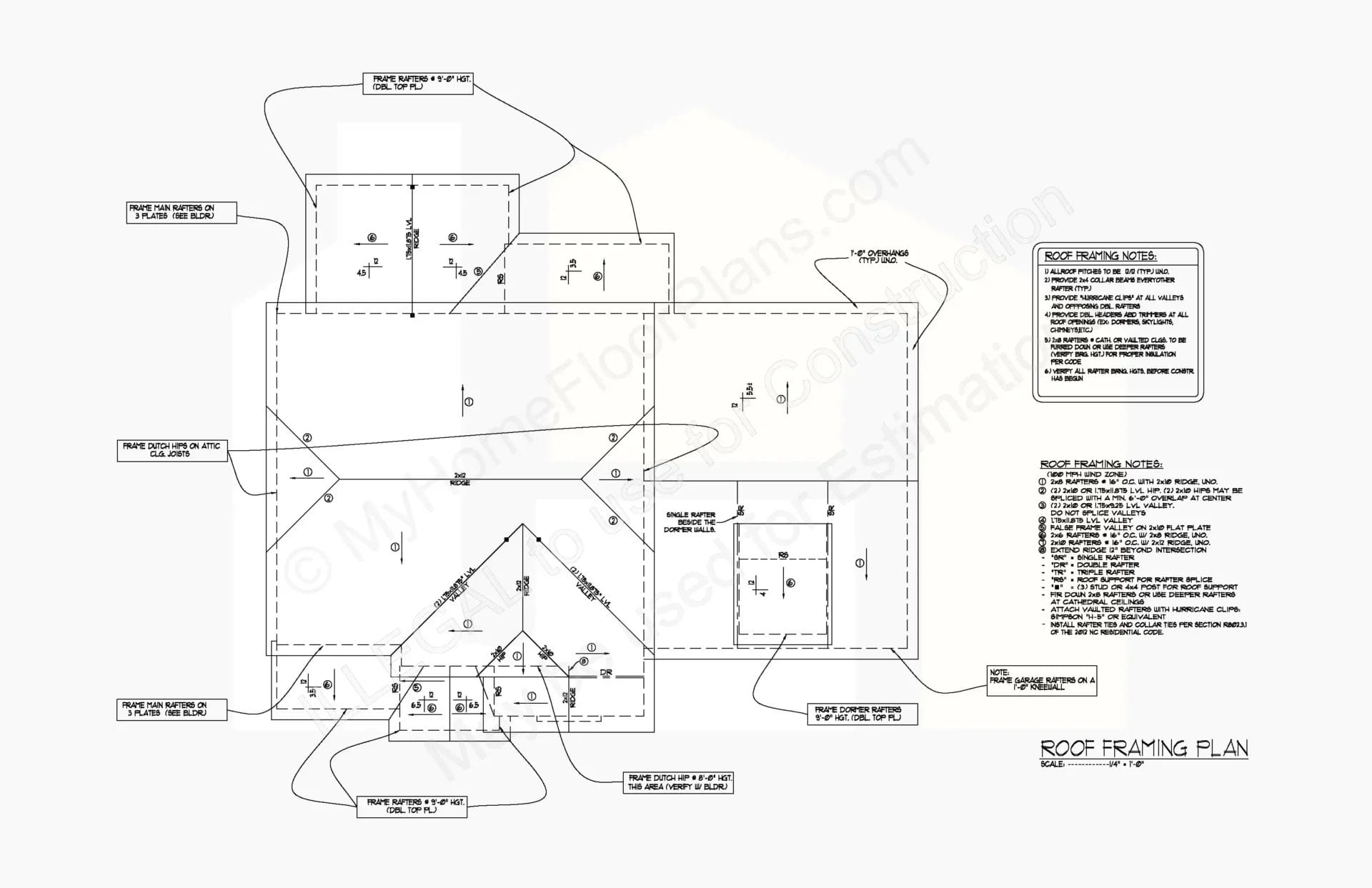 A detailed architectural drawing of a home roof framing plan, featuring labeled sections and measurements, with annotations and a key for construction references on the right side of the image.