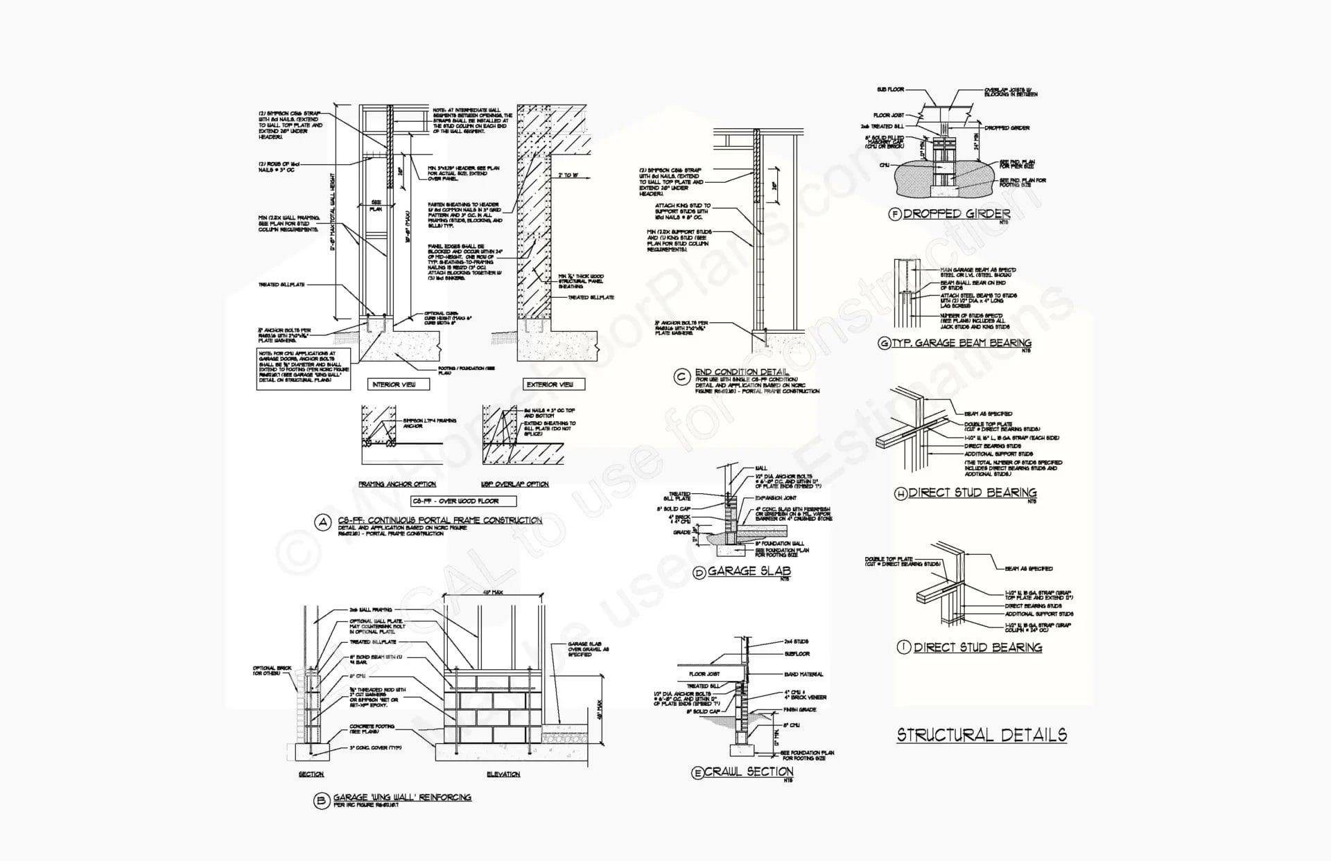 This image displays a collection of architectural drawings and structural details, including elevations and section views of building elements like stairs, slabs, and wall junctions, annotated with technical descriptions and dimensions. 14-1972