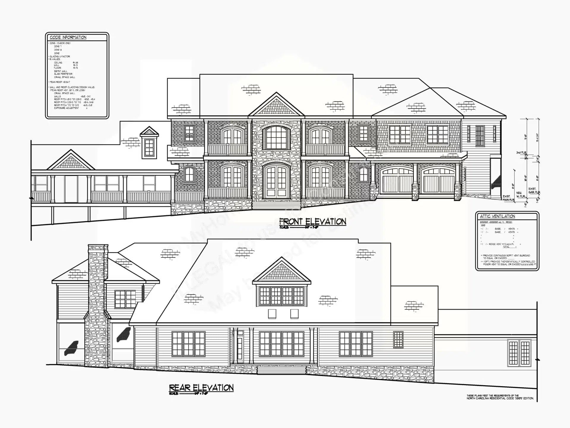 Architectural blueprint of a large two-story house featuring front, rear, and side elevations. The design includes multiple windows, a prominent chimney, and detailed floor plan notations for the 9-1840 model.